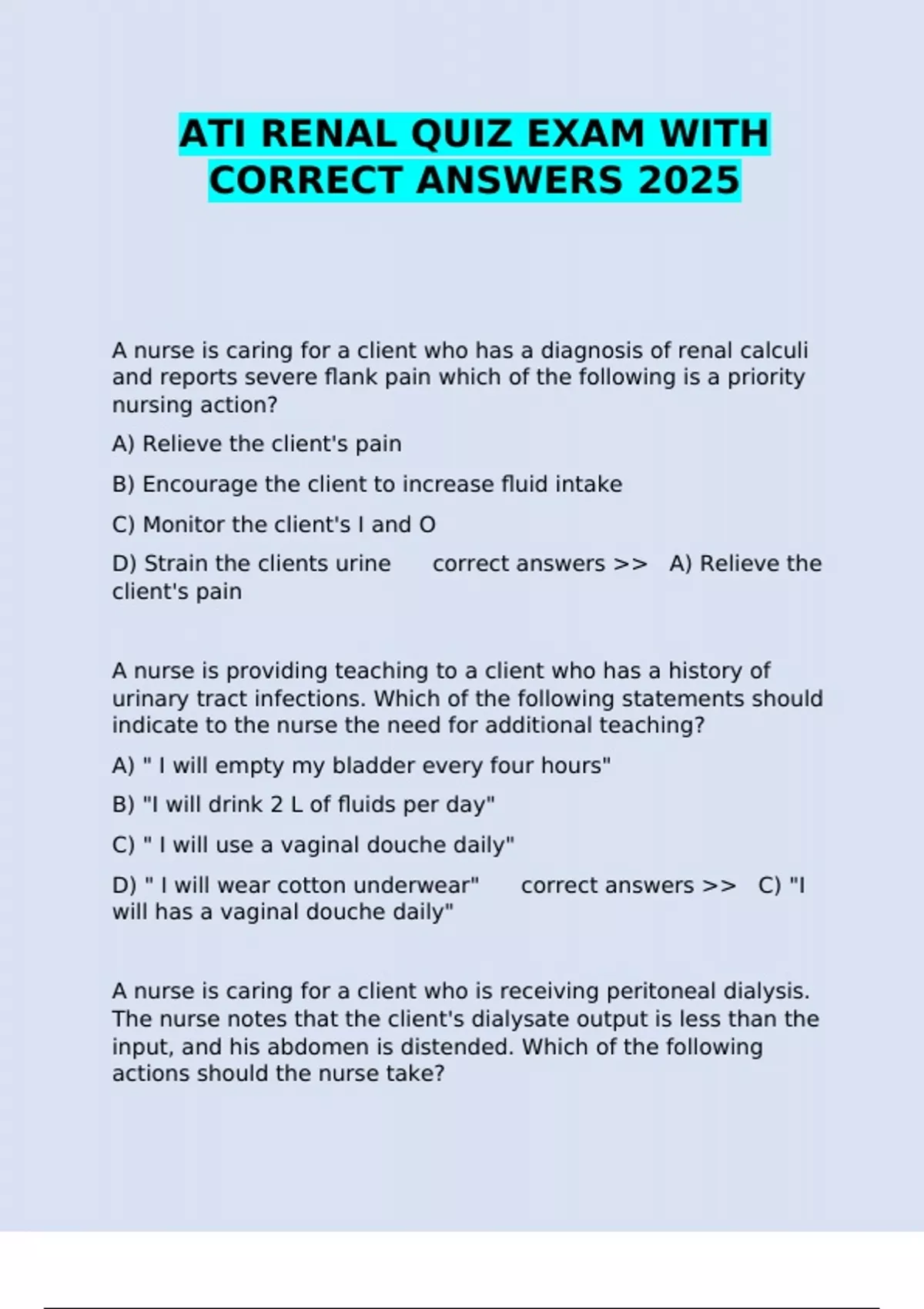 ATI RENAL QUIZ EXAM WITH CORRECT ANSWERS 2025 - ATI RENA - Stuvia US