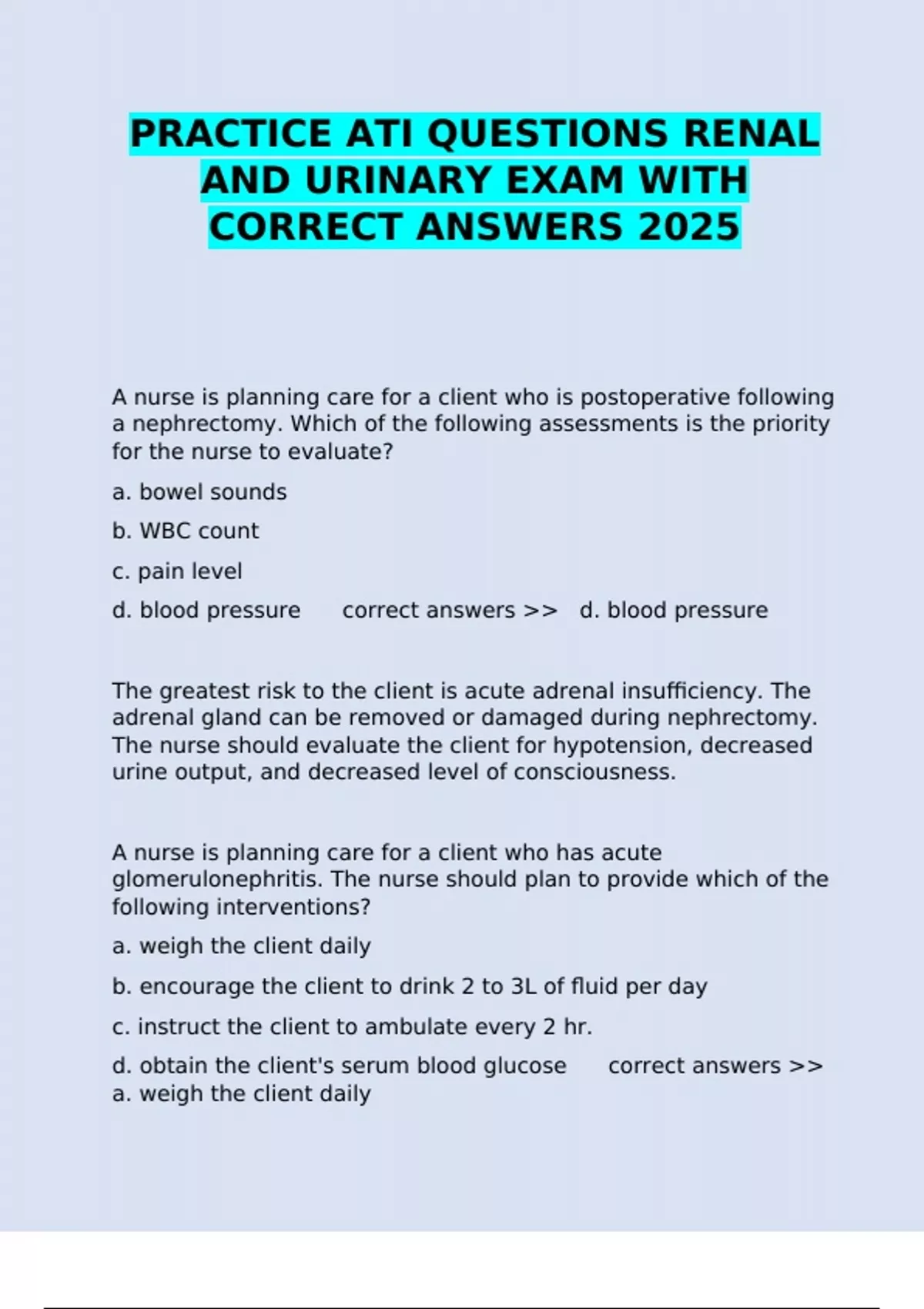PRACTICE ATI QUESTIONS RENAL AND URINARY EXAM WITH CORRECT ANSWERS 2025 ...