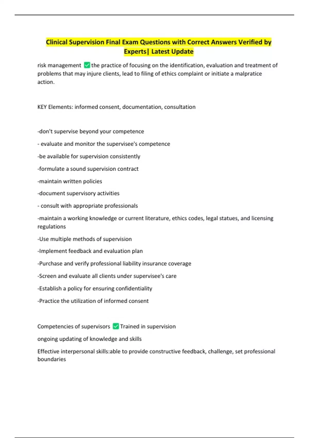 Clinical Supervision Final Exam Questions with Correct Answers Verified by Experts| Latest ...