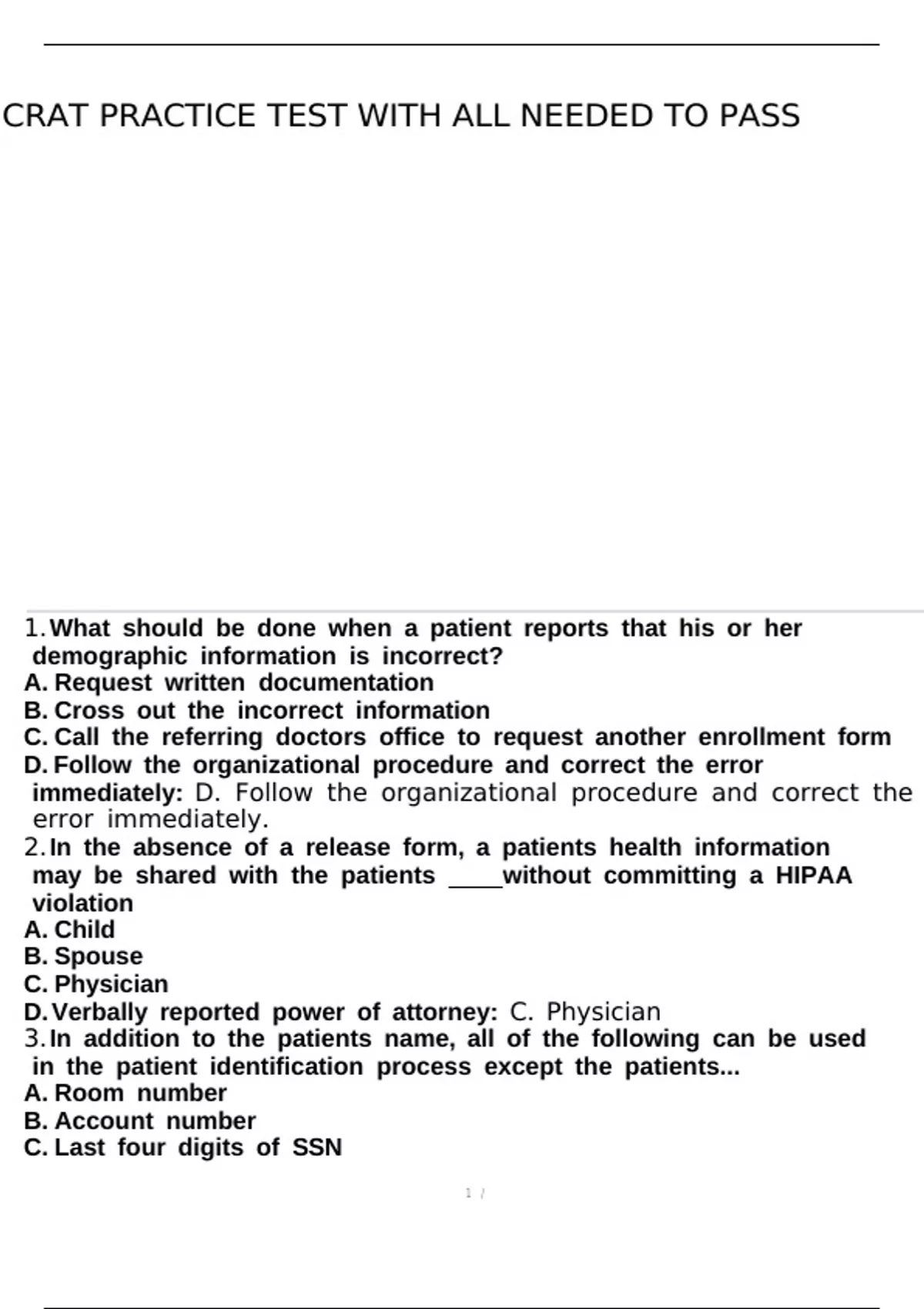 Crat Example CRAT Practice Test with all needed to pass. - CRAT - Stuvia US