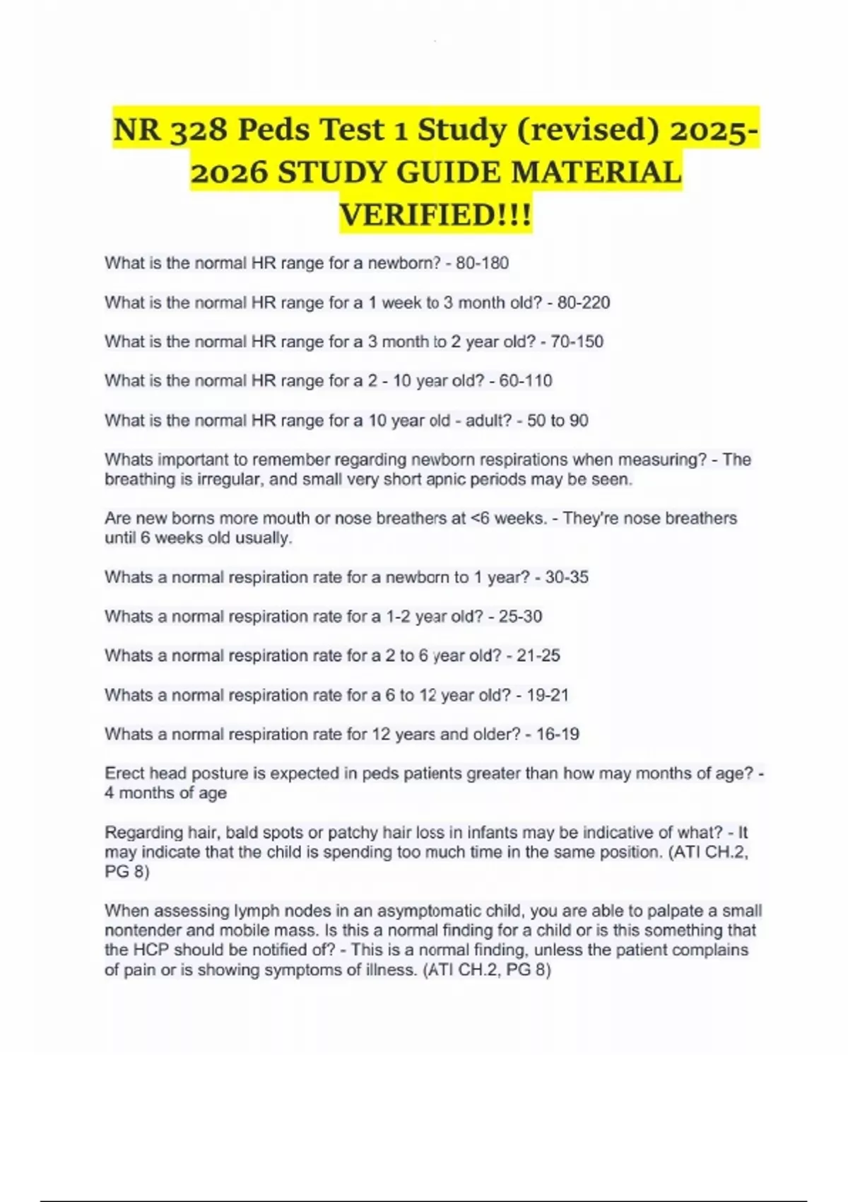 NR 328 Peds Test 1 Study (revised) STUDY GUIDE MATERIAL VERIFIED ...