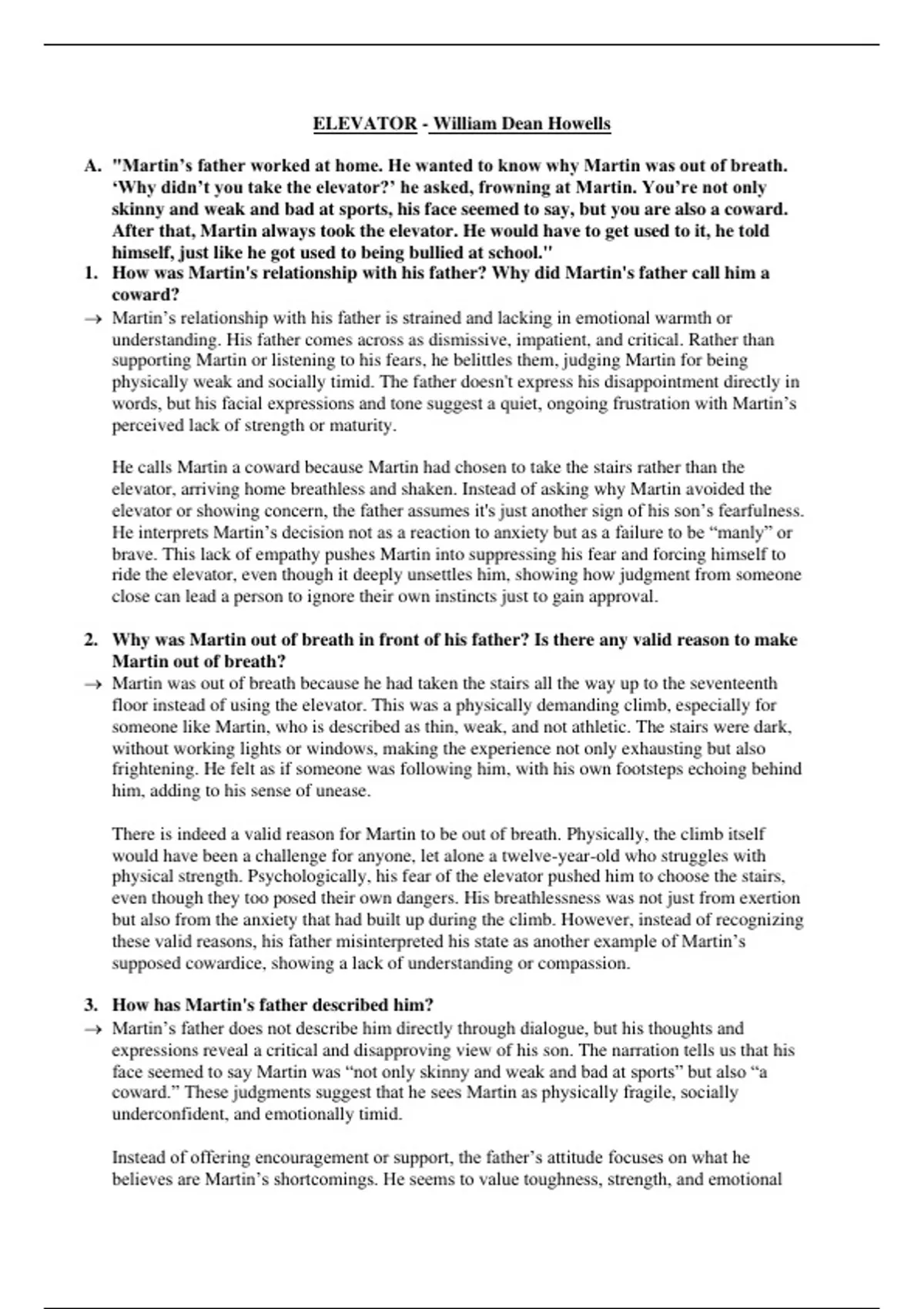 Complete Q&A Resource for the story "The Elevator" by William Sleator ...