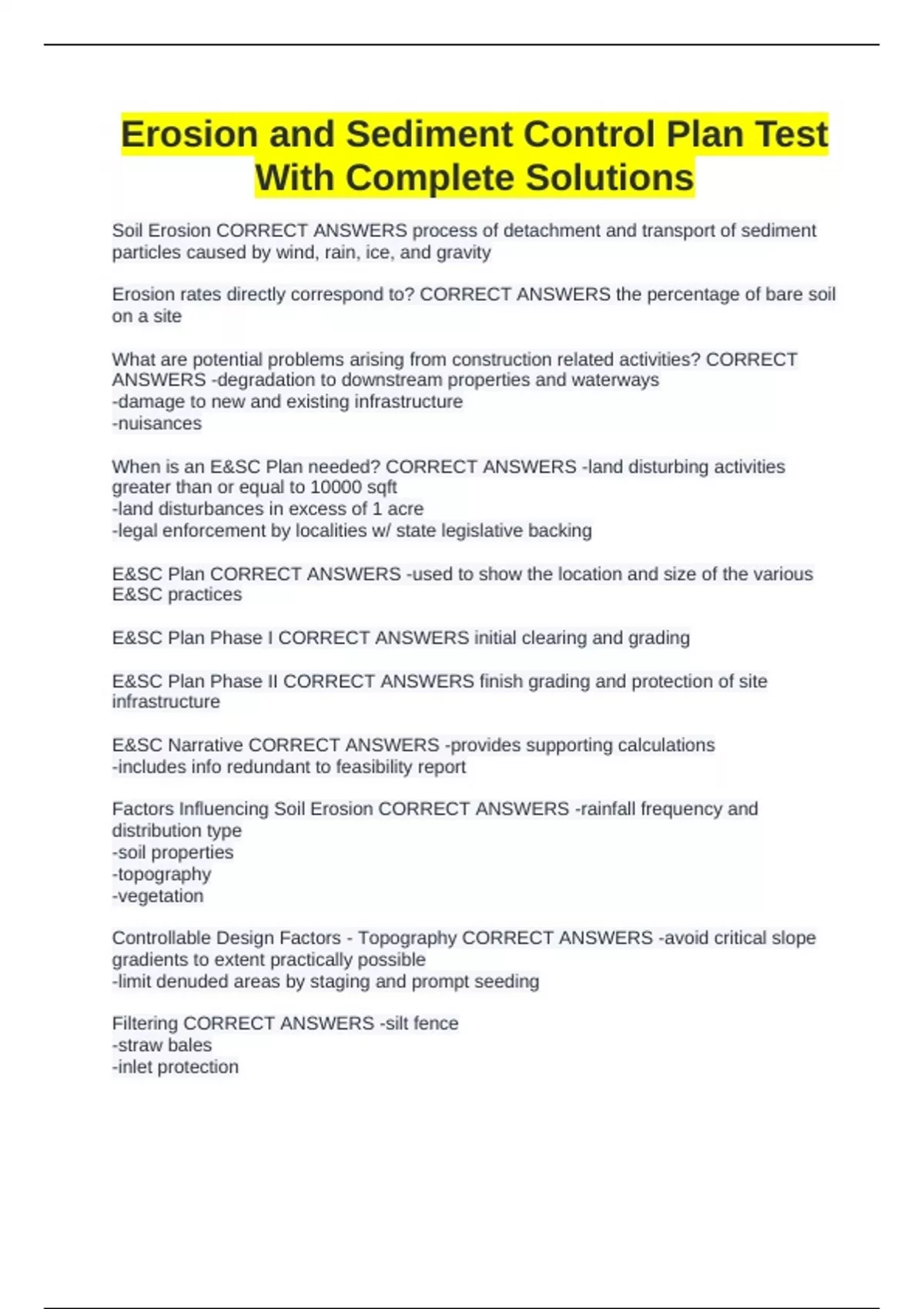 Erosion and Sediment Control Plan Test With Complete Solutions ...