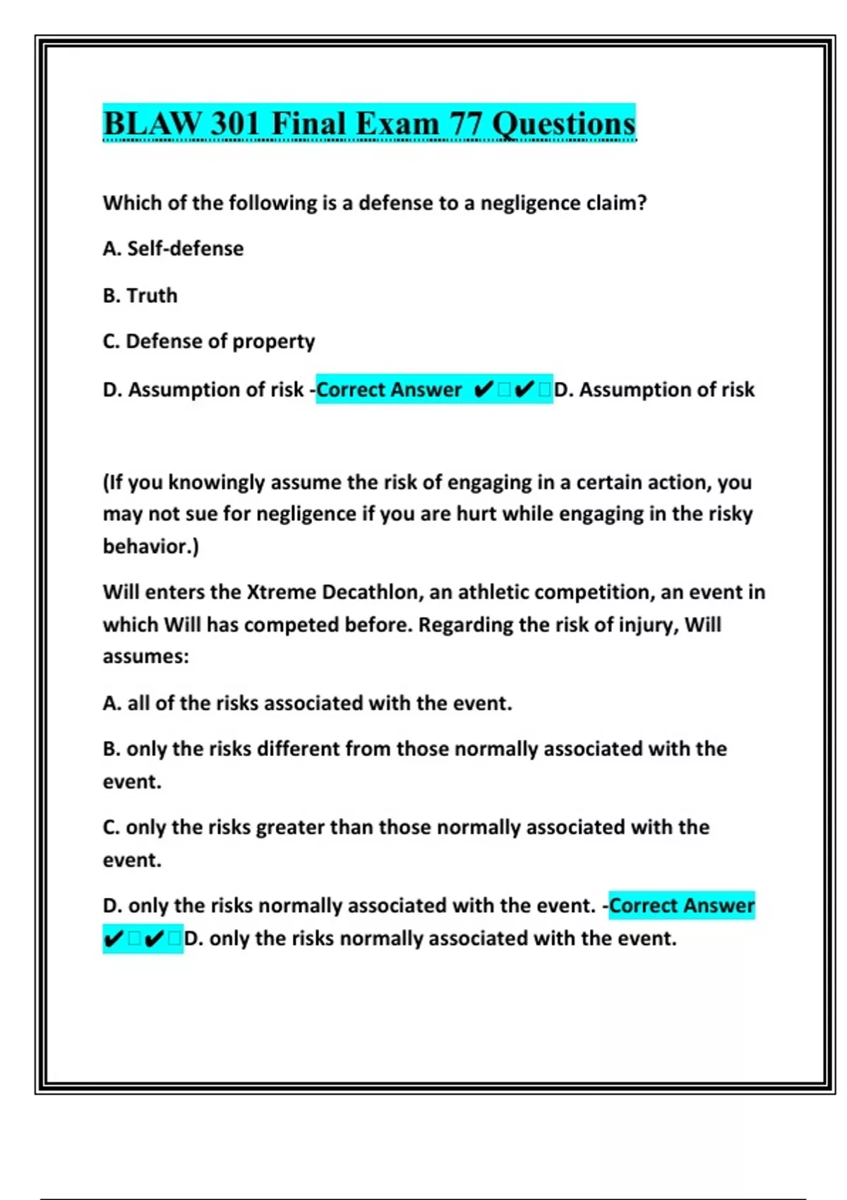 BLAW 301 Final Exam 77 Questions With Practical Model Answers | Latest ...