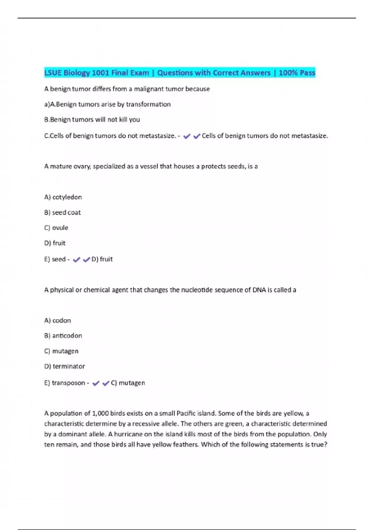 LSUE Biology 1001 Final Exam | Questions with Correct Answers | 100% ...