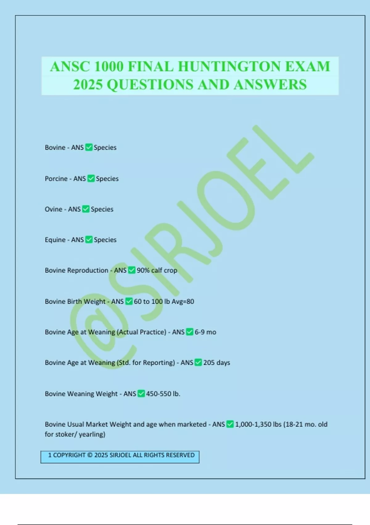 ANSC 1000 FINAL HUNTINGTON EXAM 2025 QUESTIONS AND ANSWERS - ANSC 1000 ...