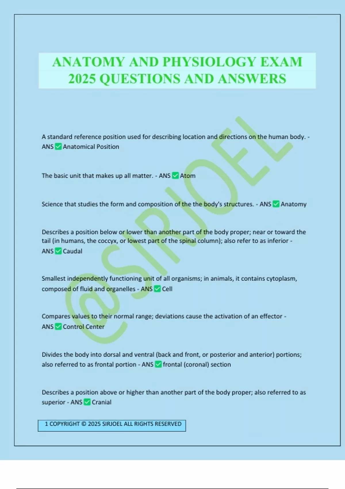 ANATOMY AND PHYSIOLOGY EXAM 2025 QUESTIONS AND ANSWERS - ANATOMY AND ...