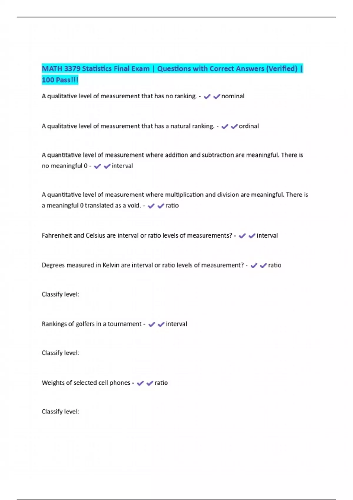 MATH 3379 Statistics Final Exam | Questions with Correct Answers ...