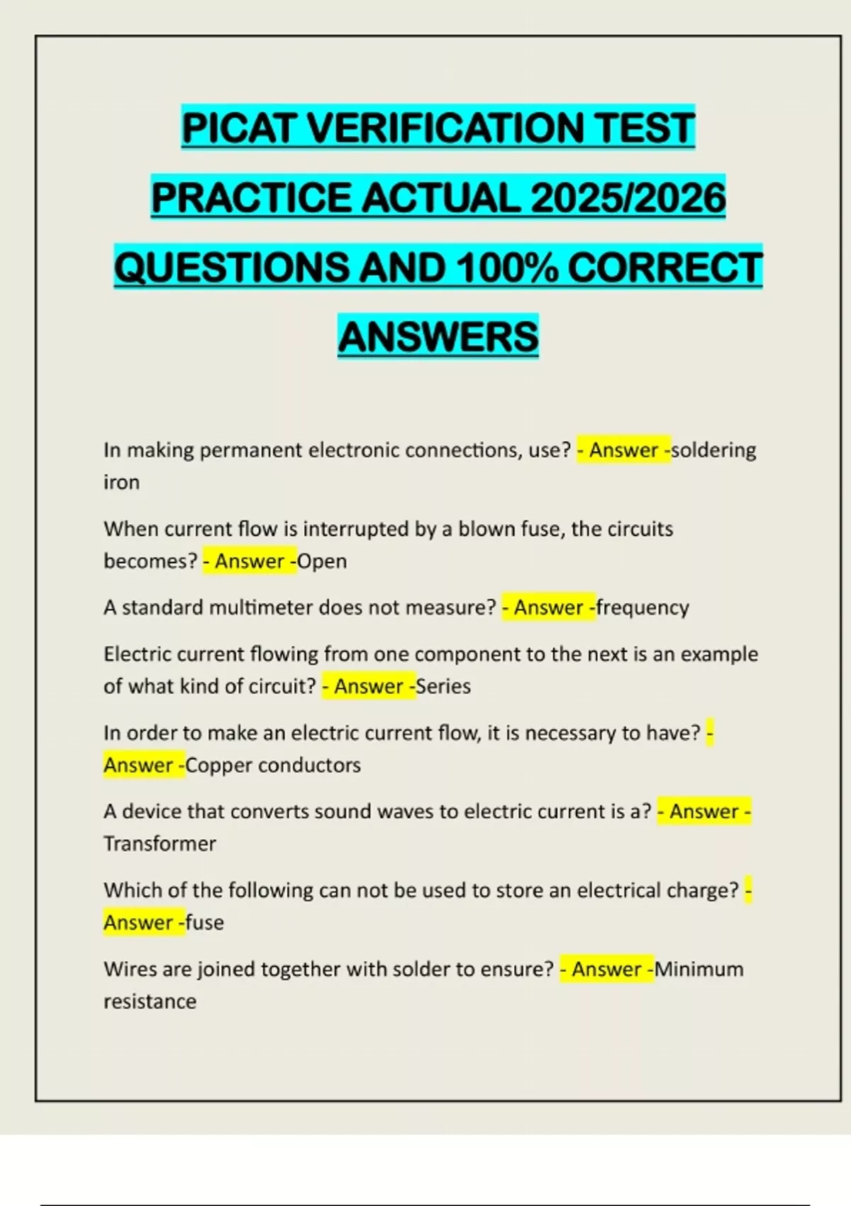 PICAT VERIFICATION TEST PRACTICE ACTUAL 2025/2026 QUESTIONS AND 100% ...