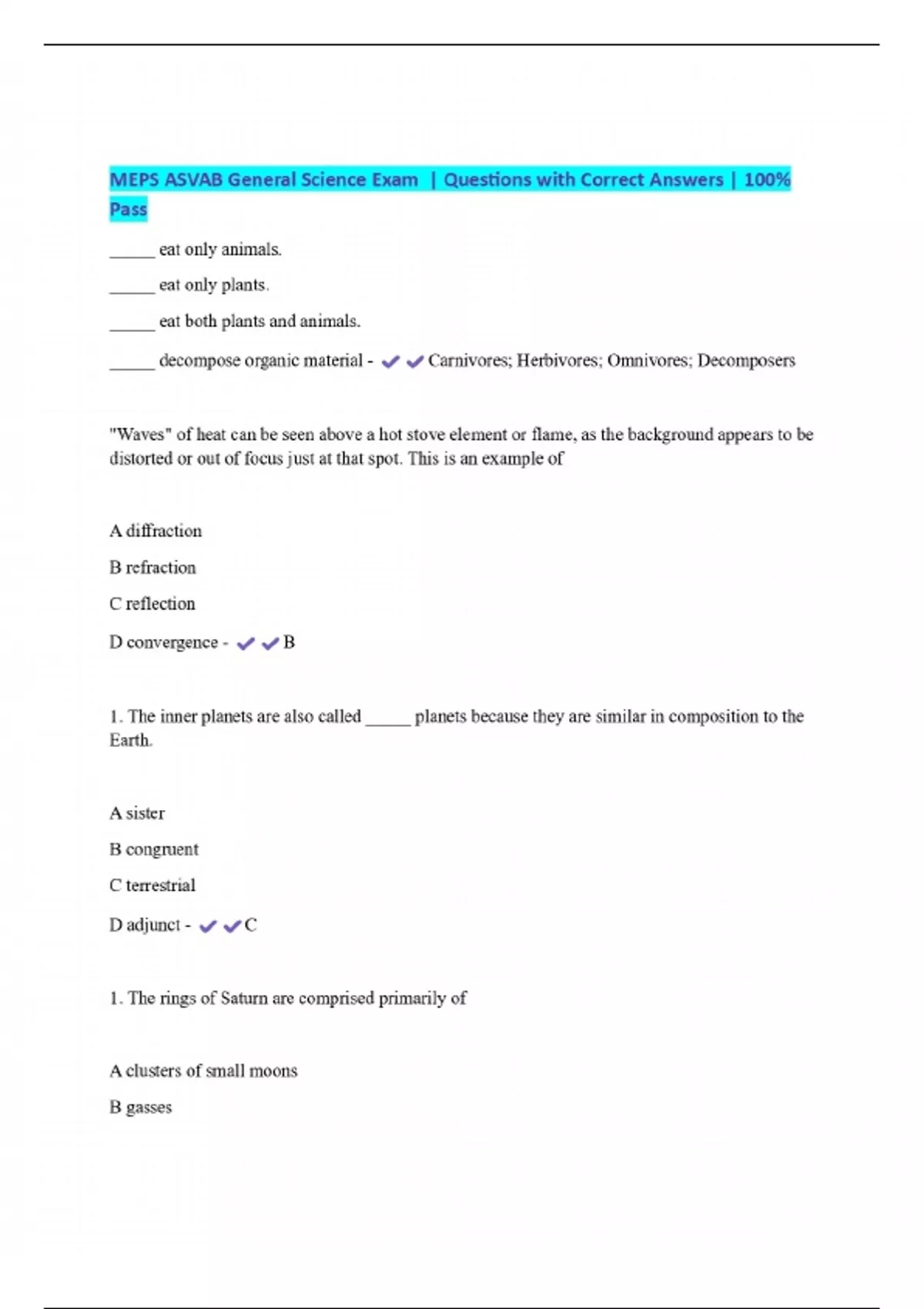 MEPS ASVAB General Science Exam | Questions with Correct Answers | 100% ...