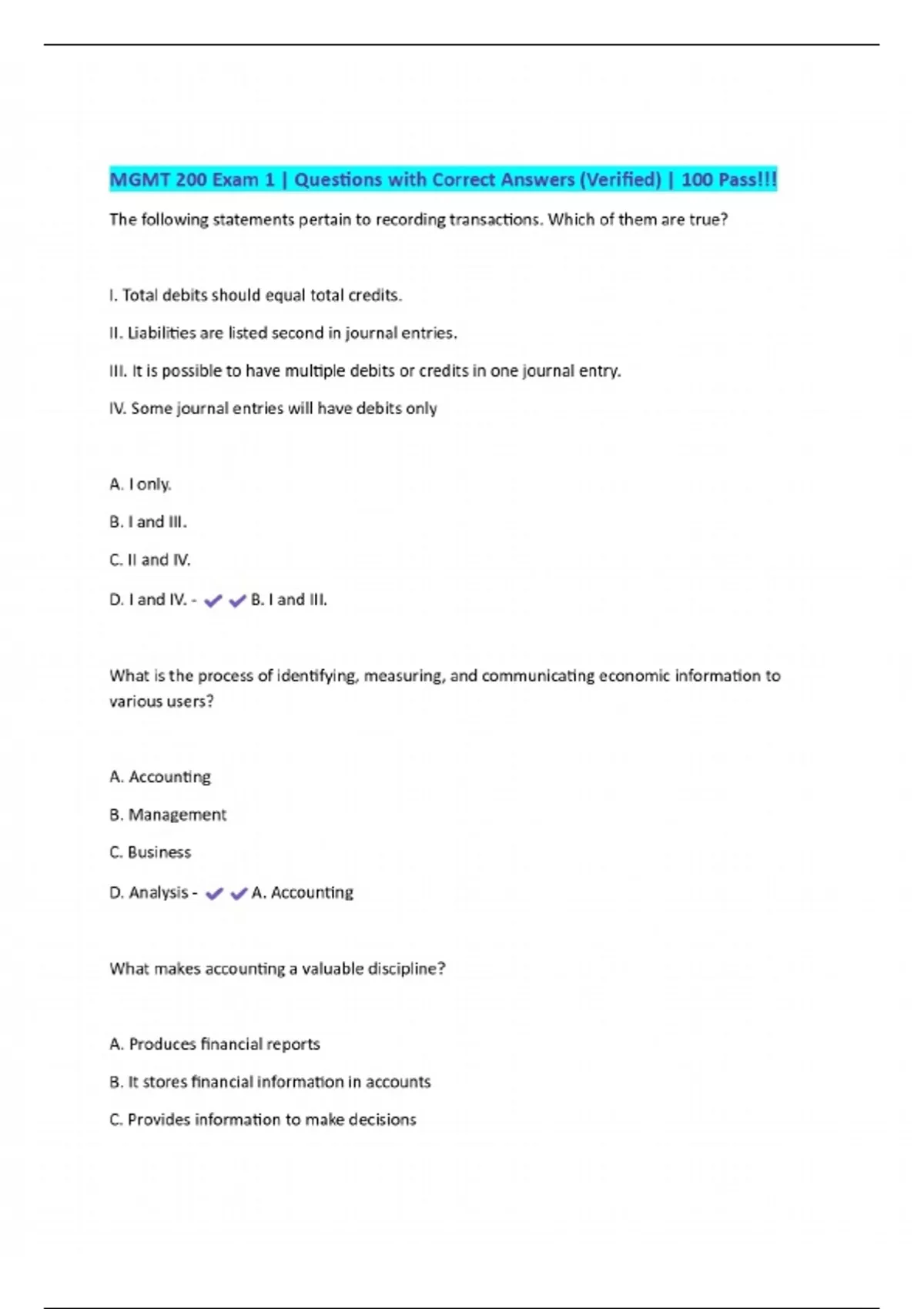 MGMT 200 Exam 1 | Questions with Correct Answers (Verified) | 100 Pass ...