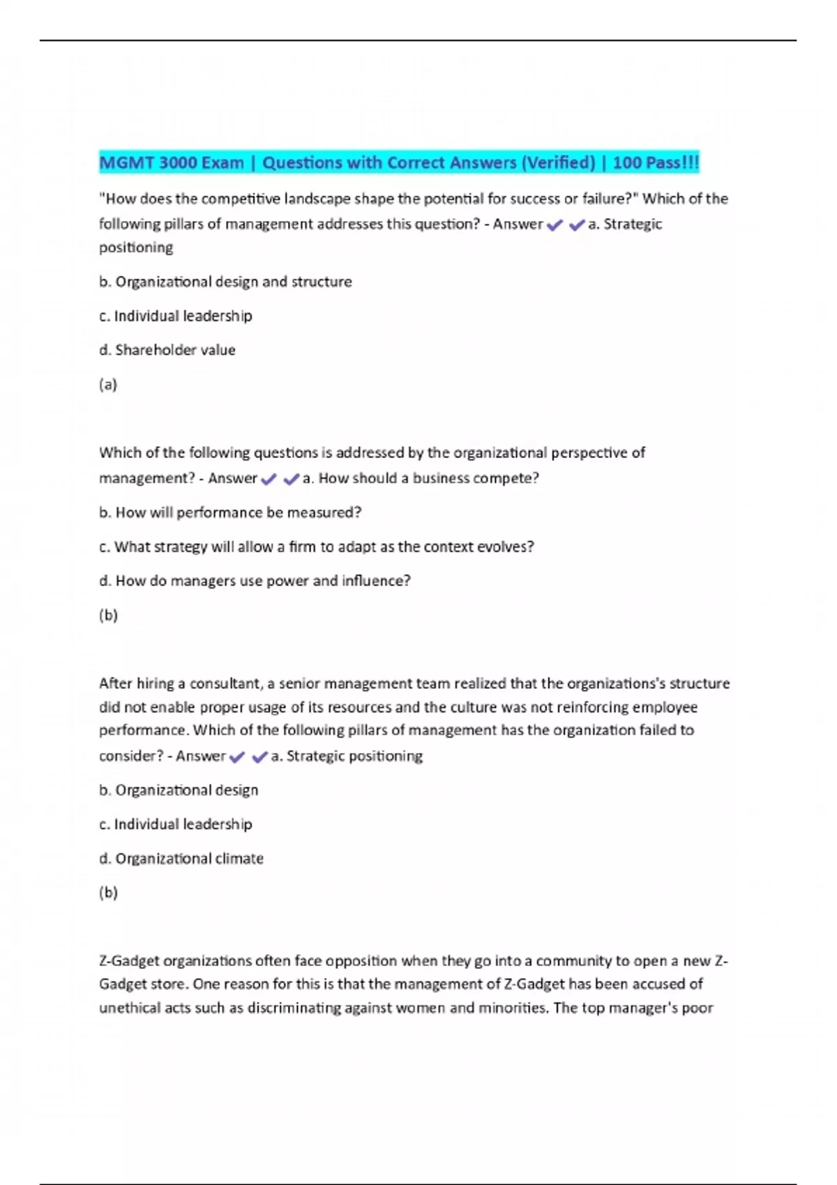 MGMT 3000 Exam | Questions with Correct Answers (Verified) | 100 Pass ...