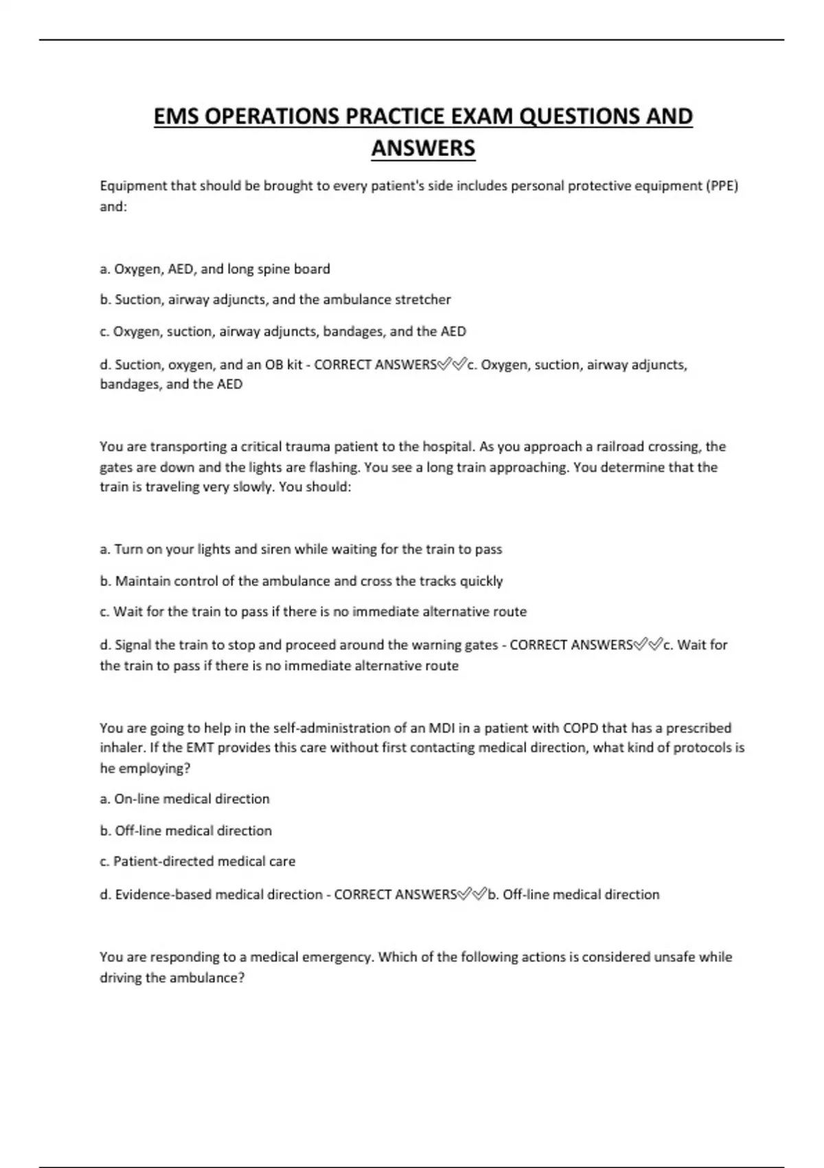 EMS OPERATIONS PRACTICE EXAM QUESTIONS AND ANSWERS - EMS - Stuvia US
