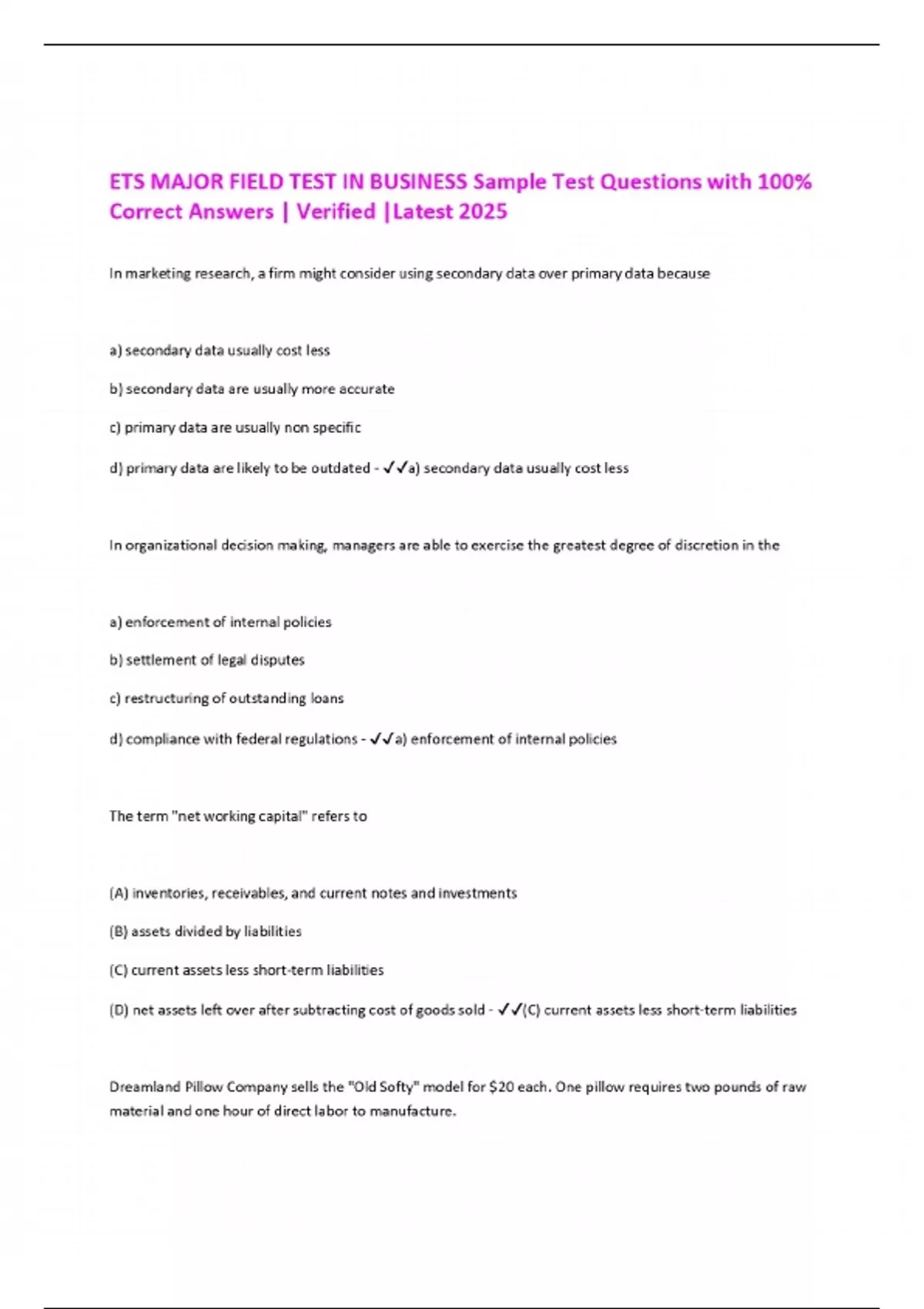 Sample Testt Question ETS MAJOR FIELD TEST IN BUSINESS Sample Test Questions with 100% ...