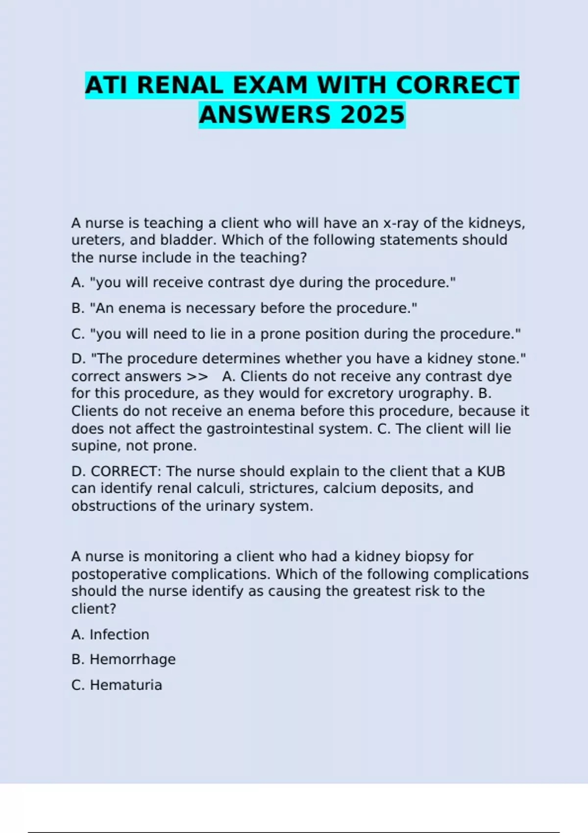 ATI RENAL EXAM WITH CORRECT ANSWERS 2025 - ATI RENAL EXA - Stuvia US