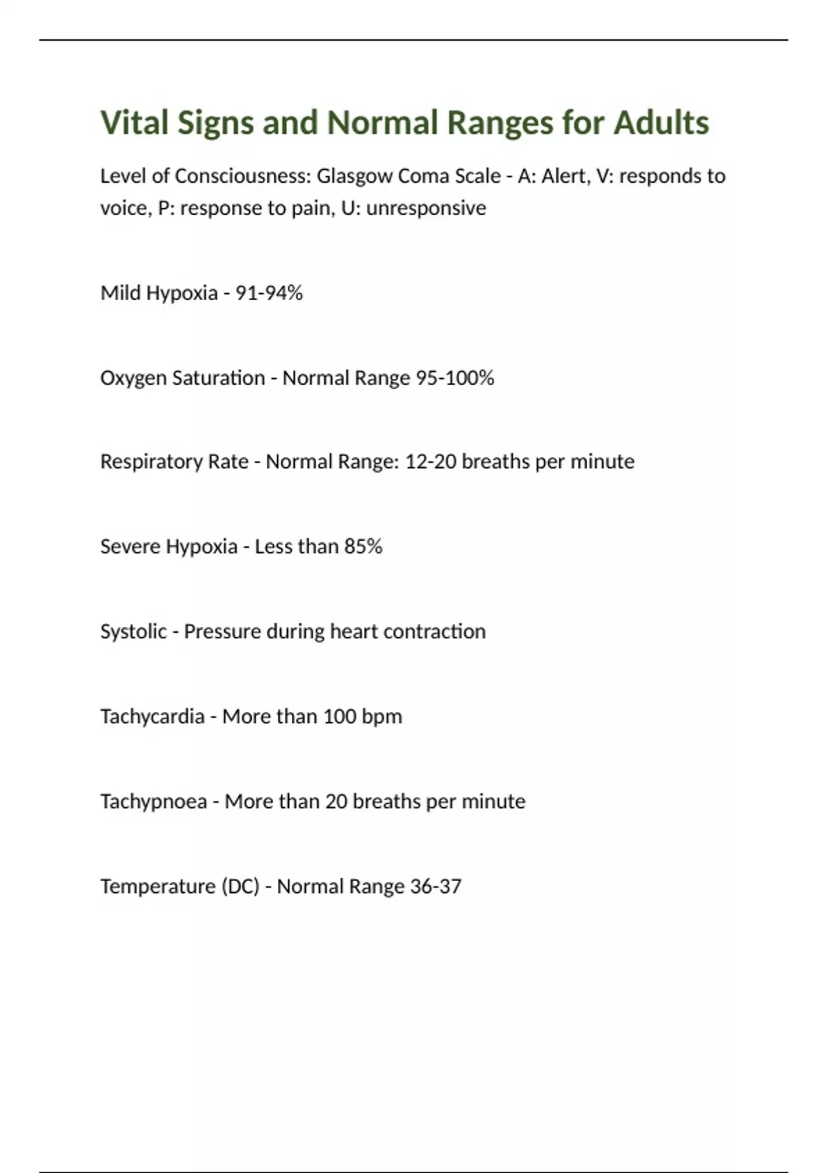 Vital Signs and Normal Ranges for Adults - Healthcare nursing - Stuvia US