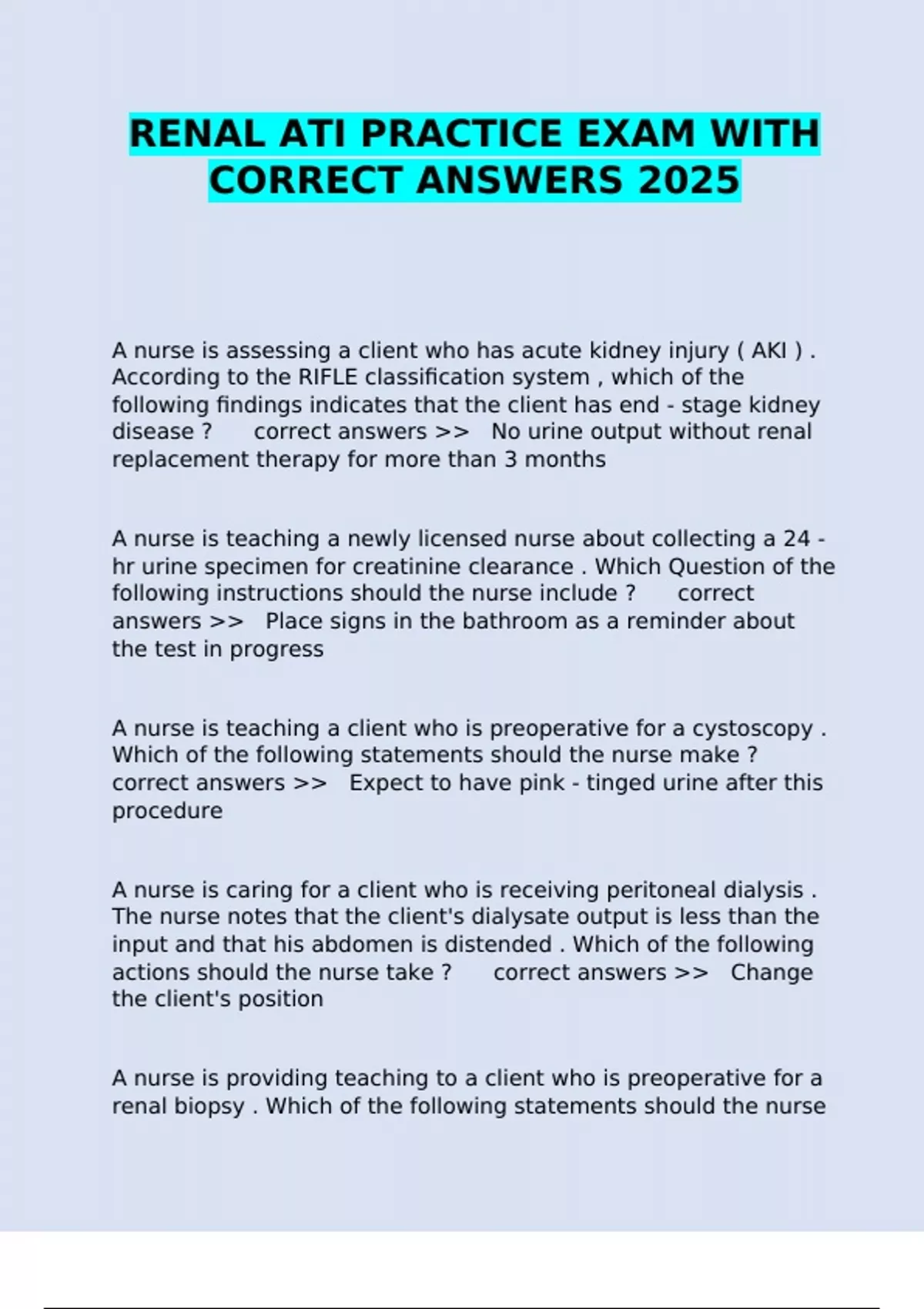 RENAL ATI PRACTICE EXAM WITH CORRECT ANSWERS 2025 - RENAL ATI PRACTICE ...