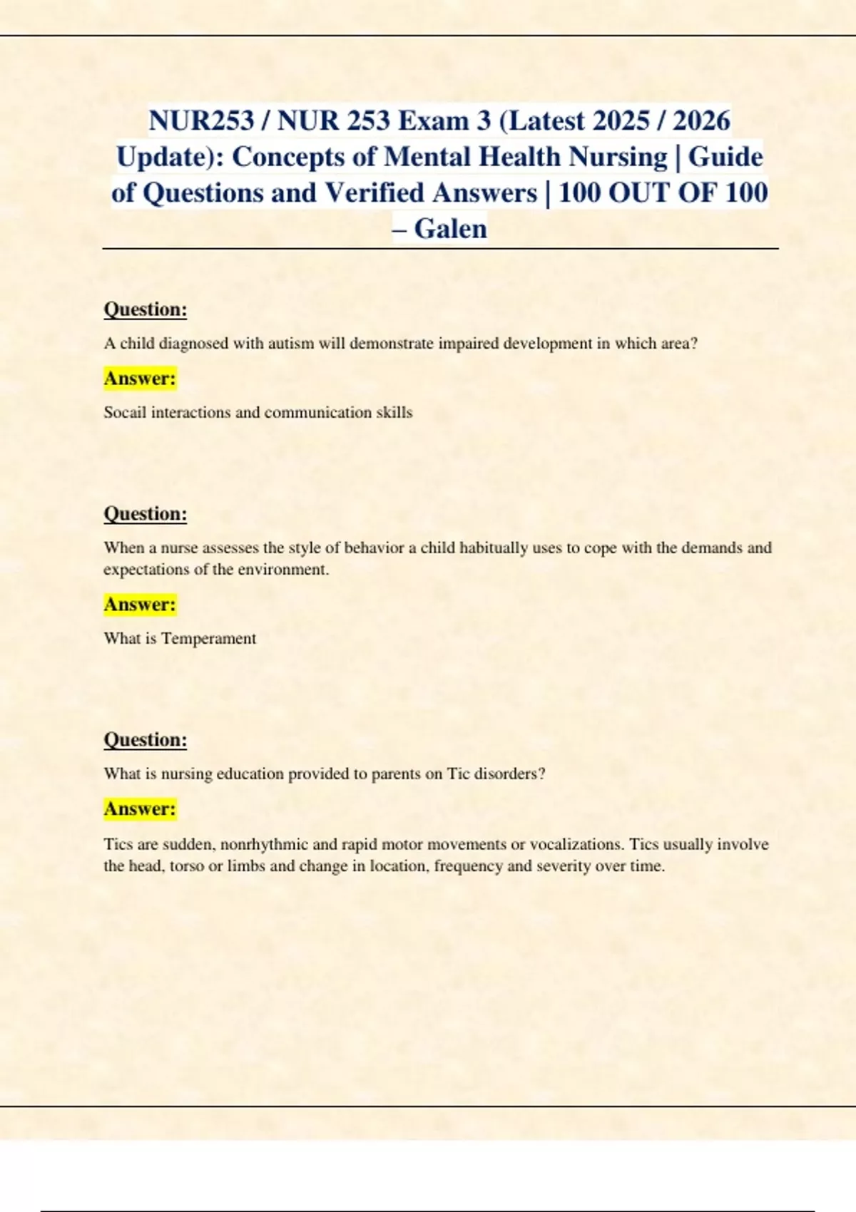 NUR253 / NUR 253 Exam 3 (Latest 2025 / 2026 Update): Concepts of Mental ...