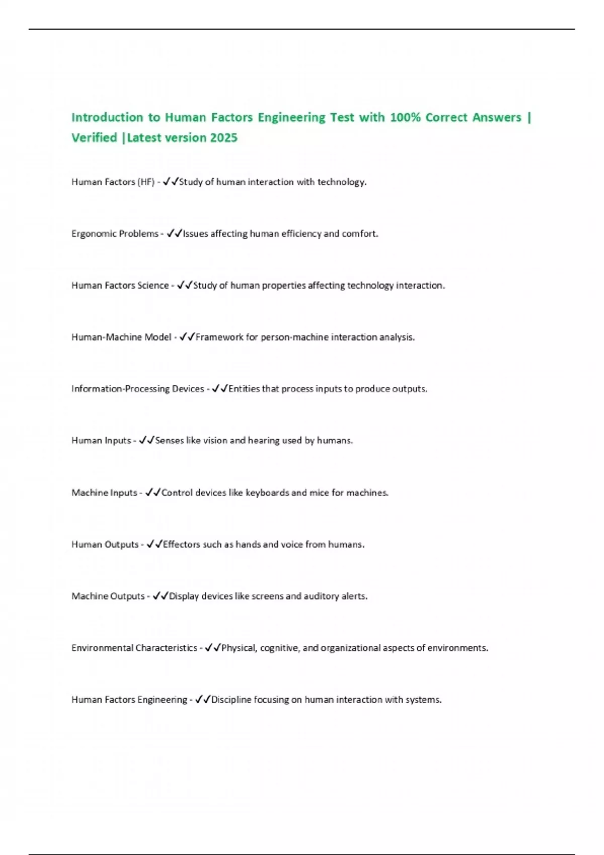 Introduction to Human Factors Engineering Test with 100% Correct ...