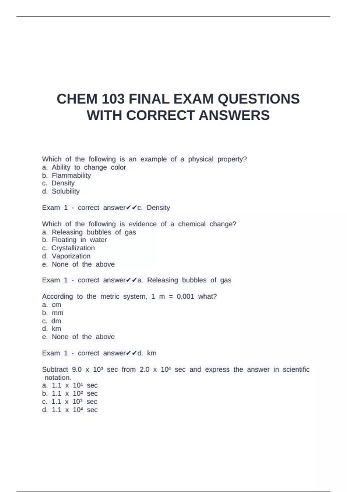 CHEM 103 FINAL EXAM QUESTIONS WITH CORRECT ANSWERS - CHEM103 - Stuvia US