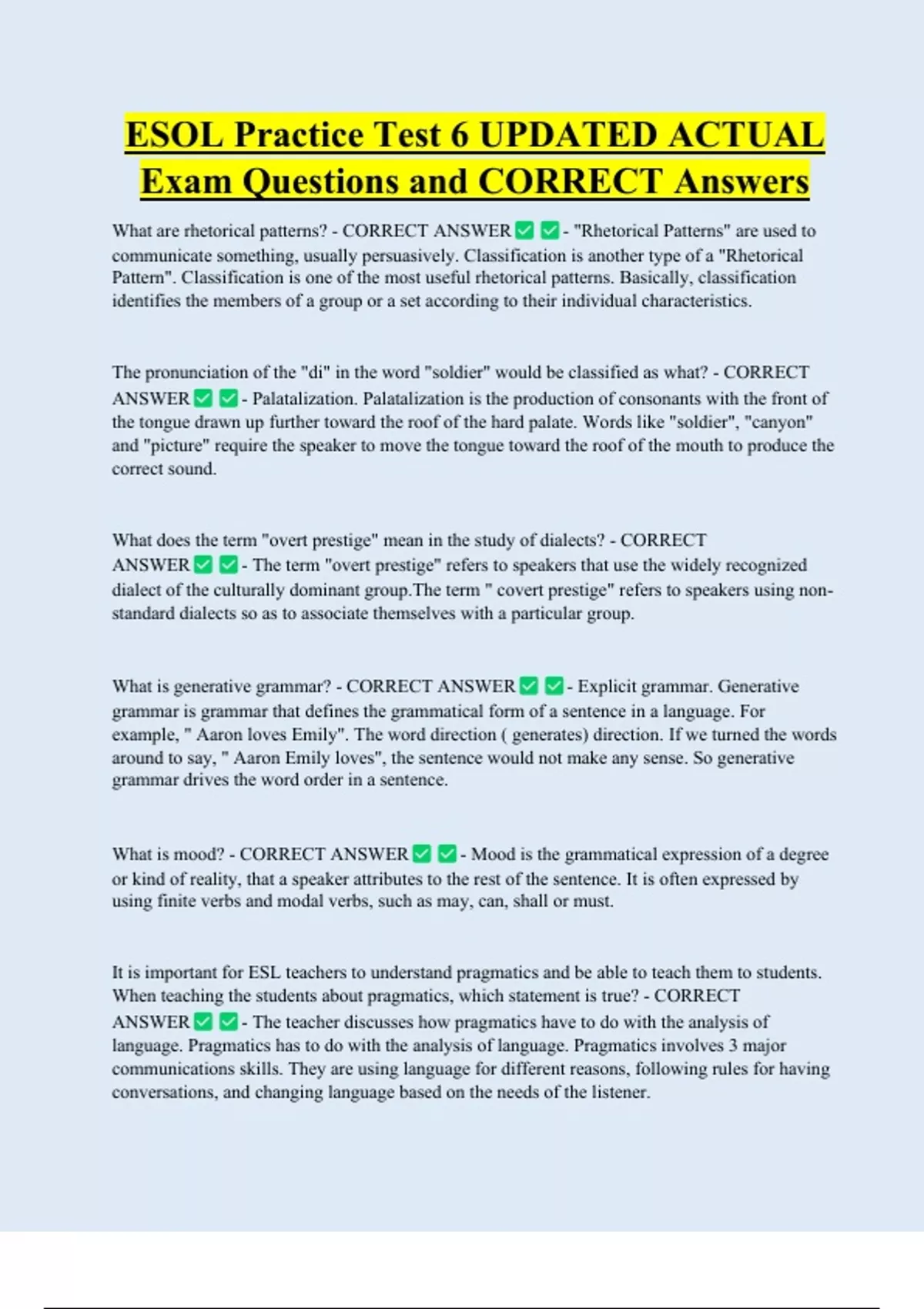 ESOL Practice Test 6 UPDATED ACTUAL Exam Questions and CORRECT Answers ...
