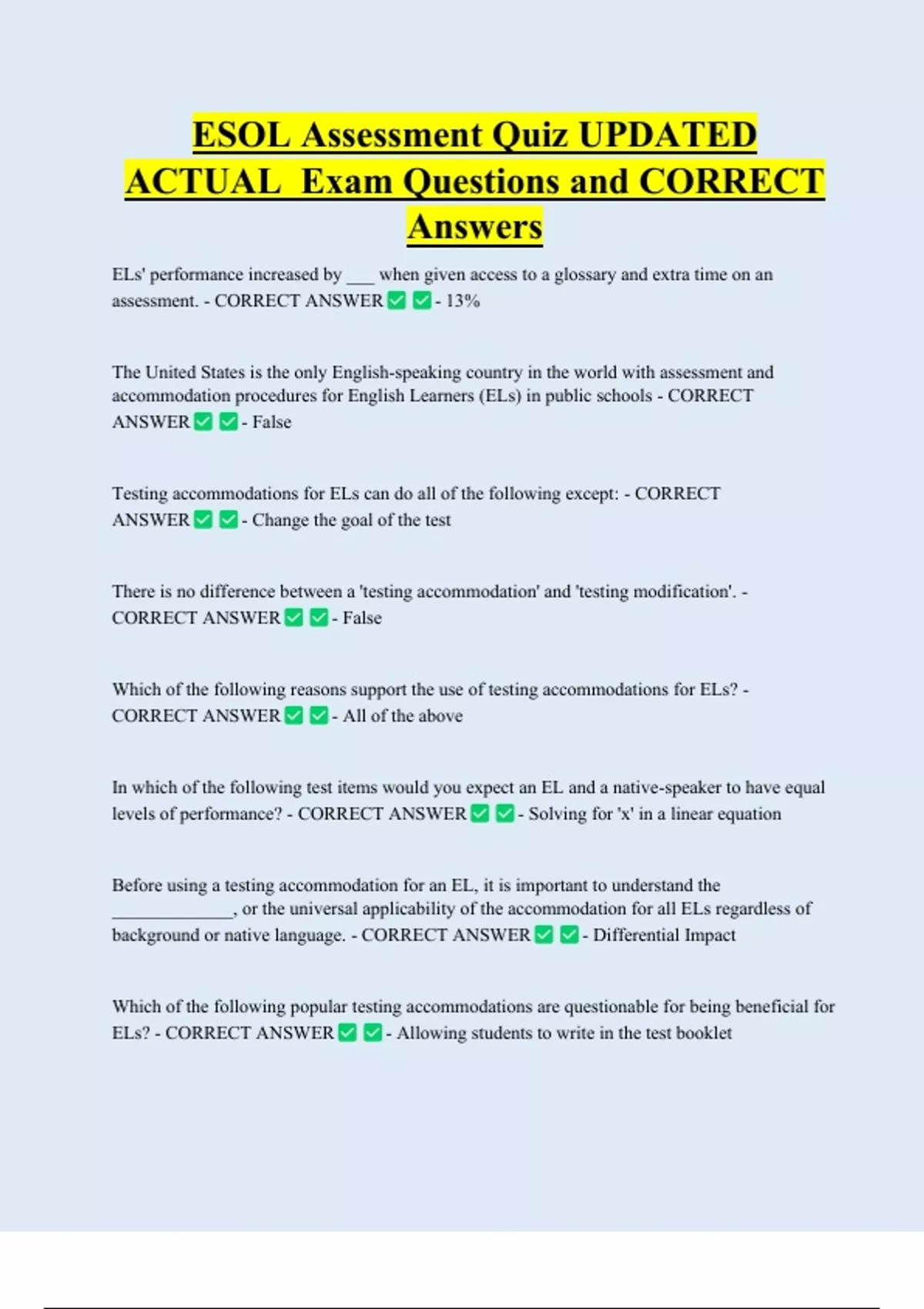 Esol Testing ESOL Assessment Quiz UPDATED ACTUAL Exam Questions and CORRECT Answers ...