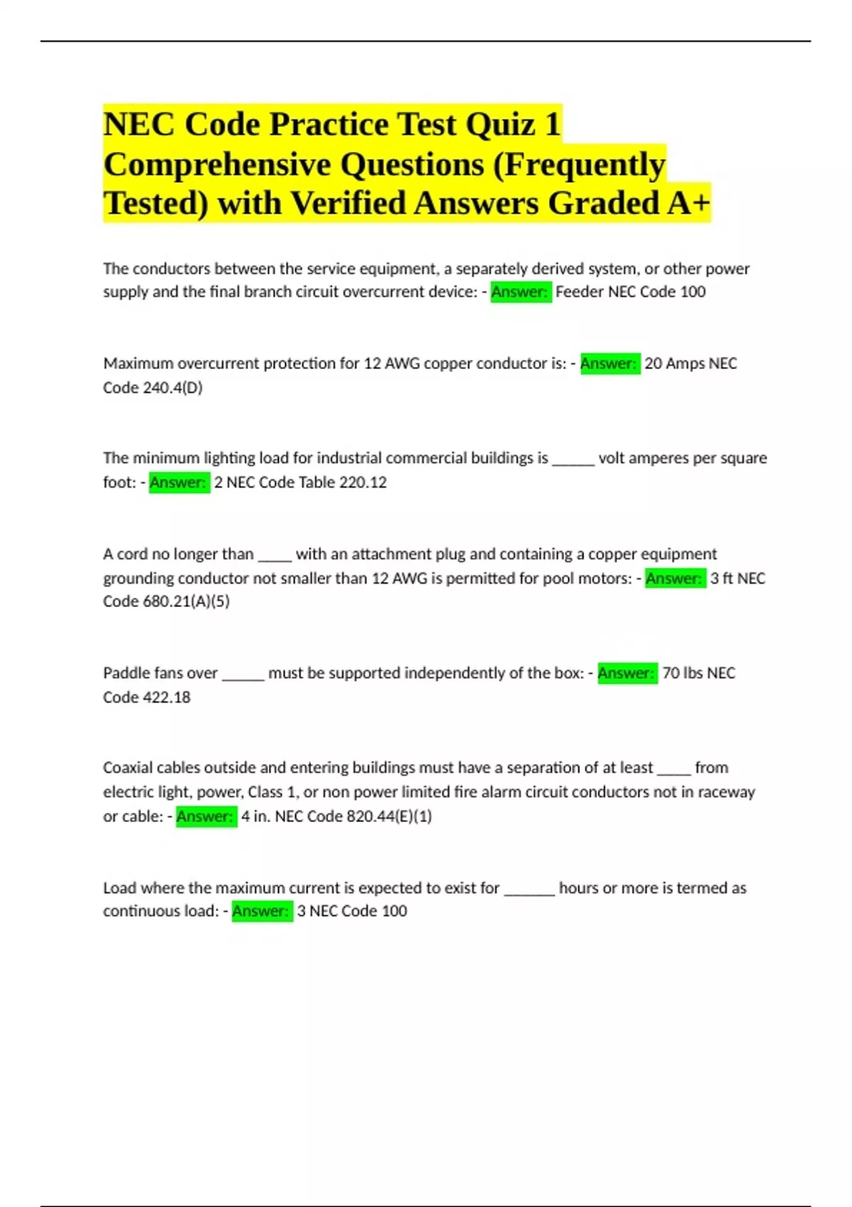 NEC Code Practice Test Quiz 1 Comprehensive Questions (Frequently ...