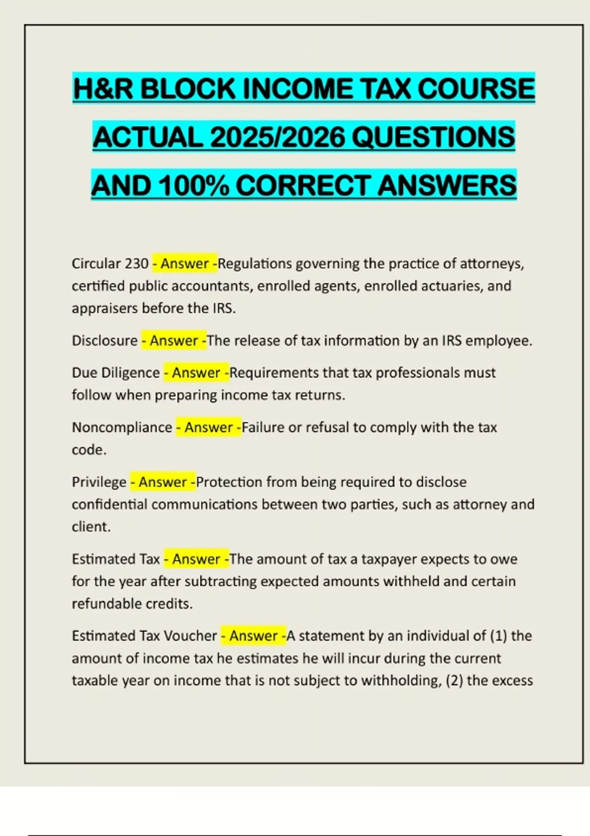 H&R BLOCK INCOME TAX COURSE ACTUAL 2025/2026 QUESTIONS AND 100% CORRECT ...
