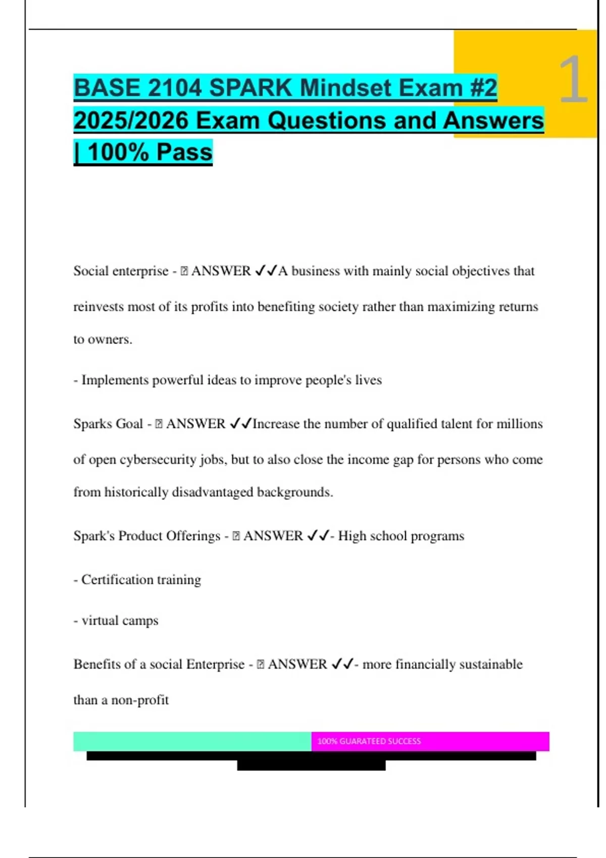 BASE 2104 SPARK Mindset Exam #2 2025/2026 Exam Questions and Answers ...