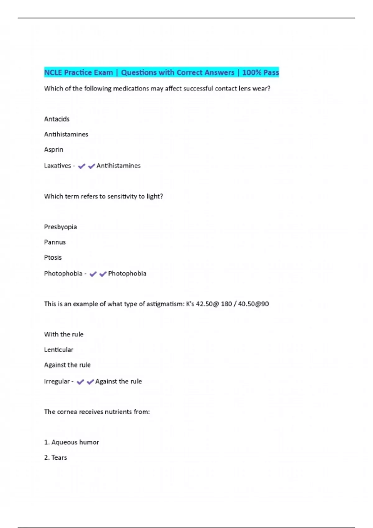 NCLE Practice Exam | Questions with Correct Answers | 100% Pass - NCLE ...