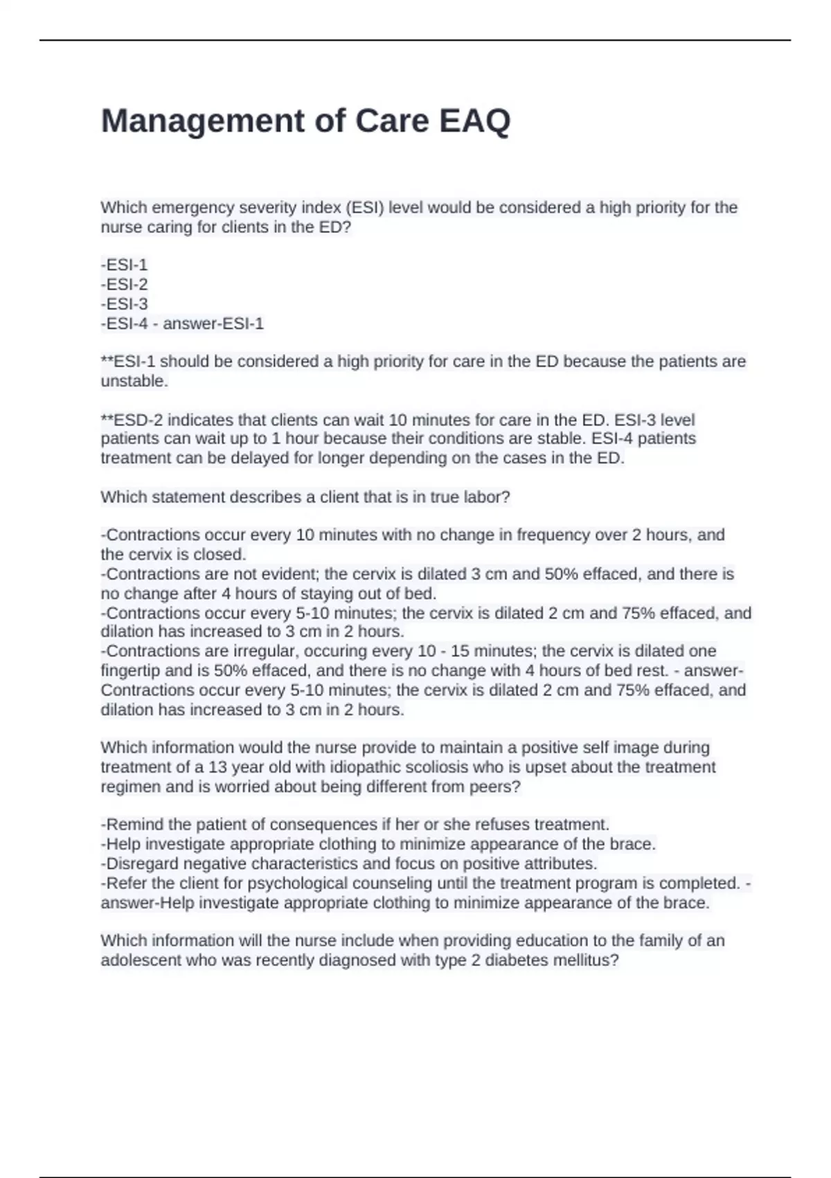 Management of Care EAQ Questions and Answers 100% Correct - EAQ - Stuvia US