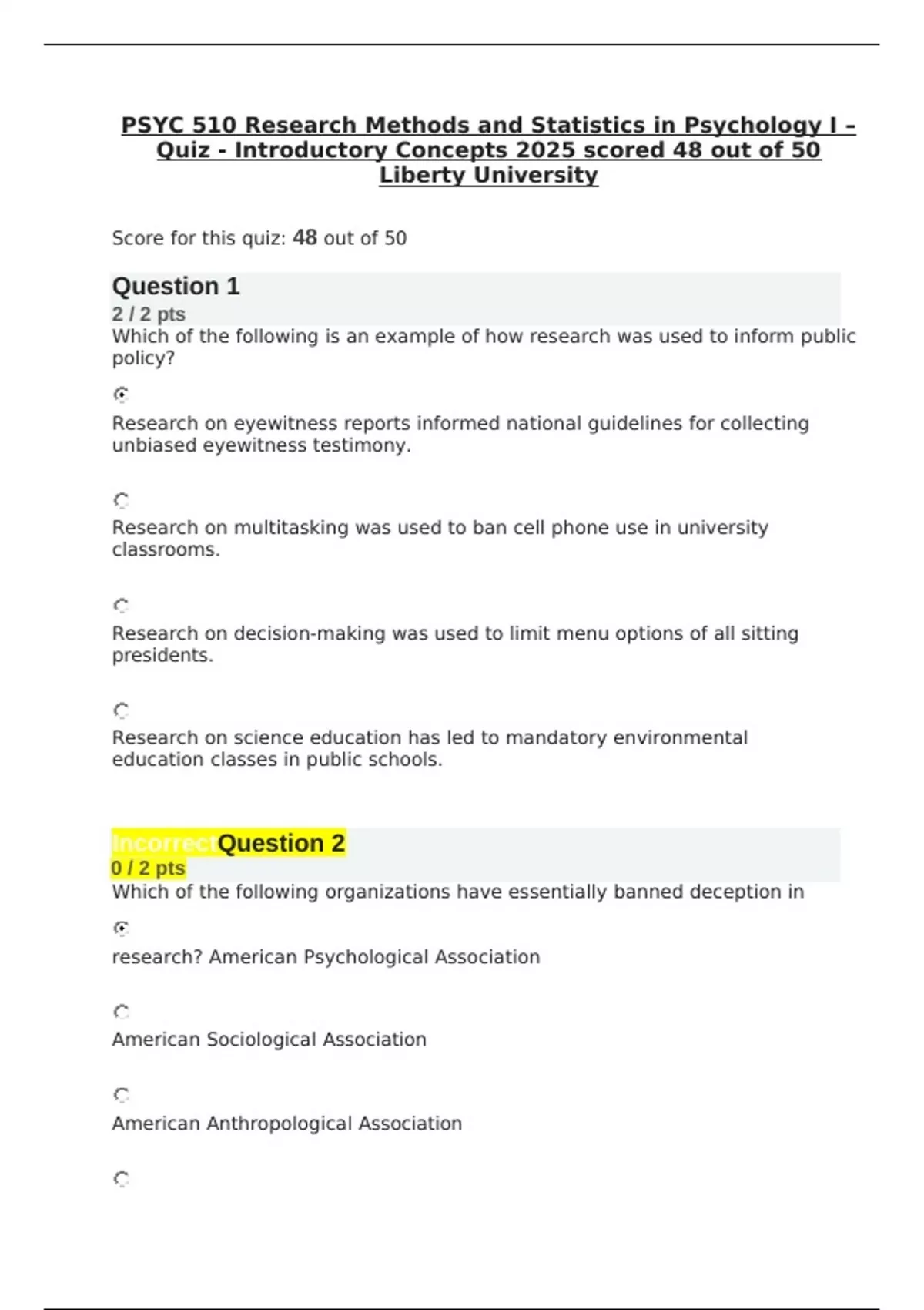 PSYC 510 Research Methods and Statistics in Psychology I - Quiz ...