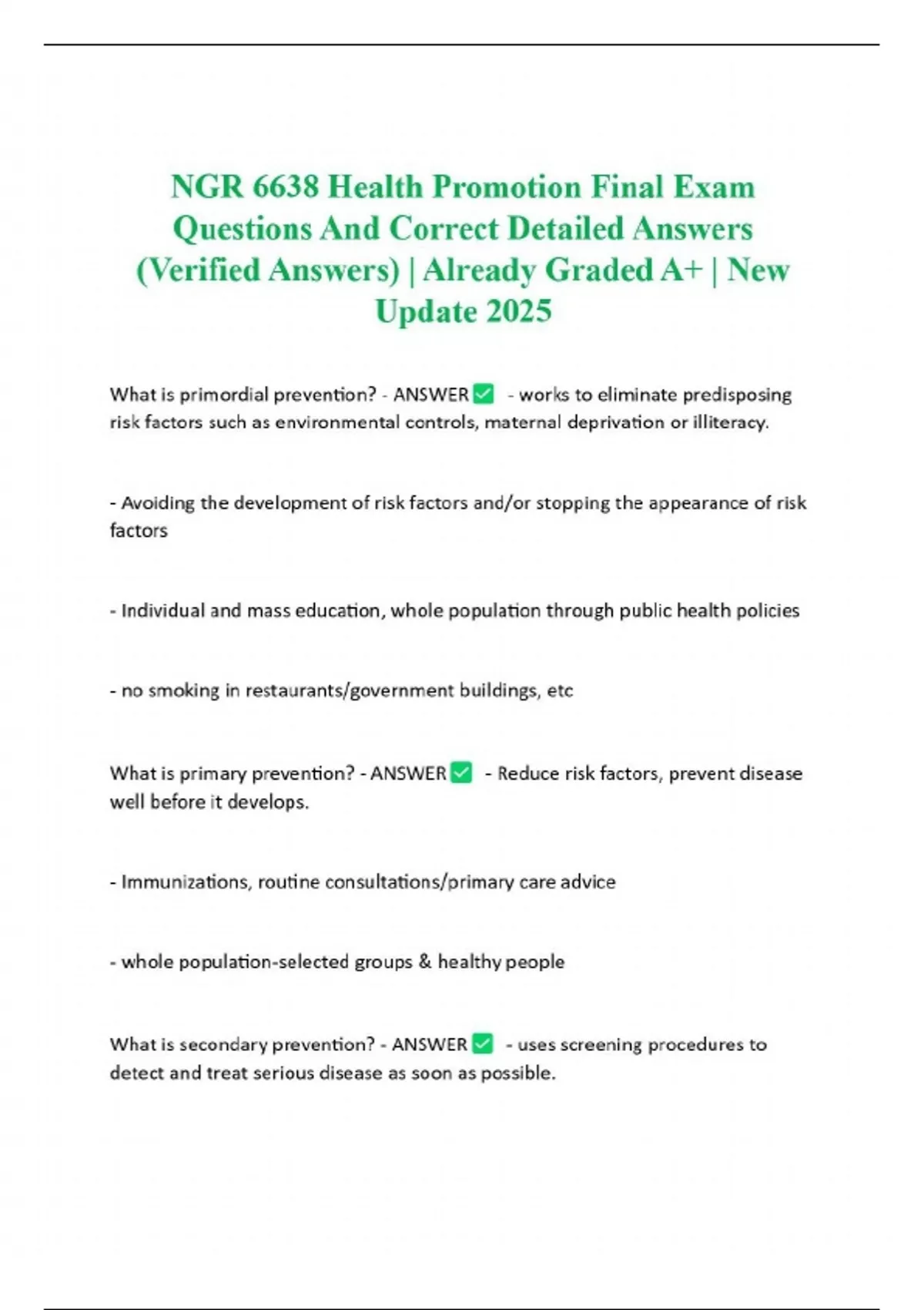 NGR 6638 Health Promotion Final Exam Questions And Correct Detailed ...