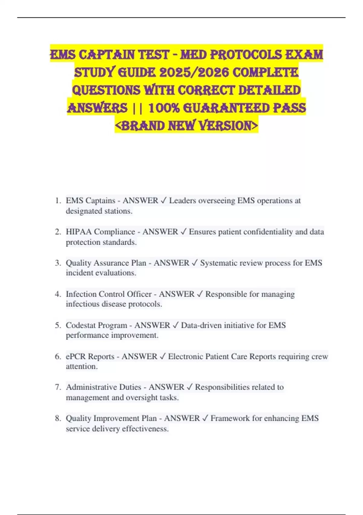EMS Captain Test - Med Protocols EXAM STUDY GUIDE 2025/2026 COMPLETE ...