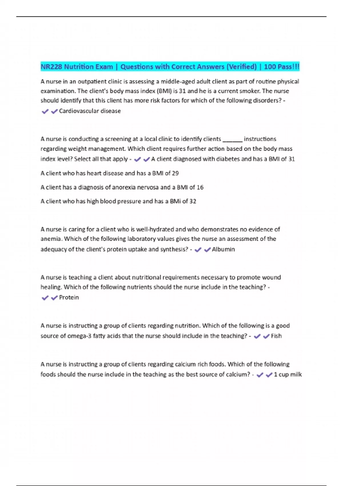 NR228 Nutrition Exam | Questions with Correct Answers (Verified) | 100 ...