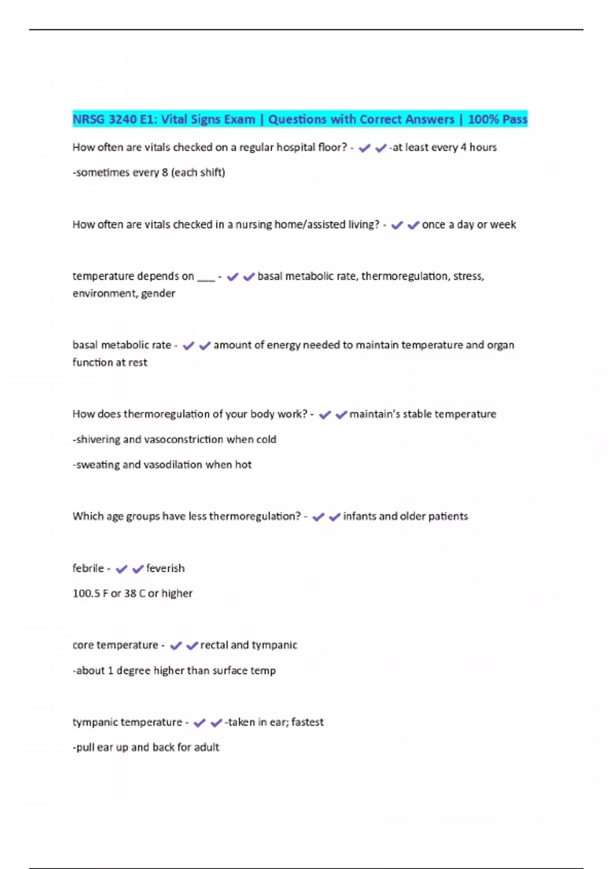 NRSG 3240 E1: Vital Signs Exam | Questions with Correct Answers | 100% ...