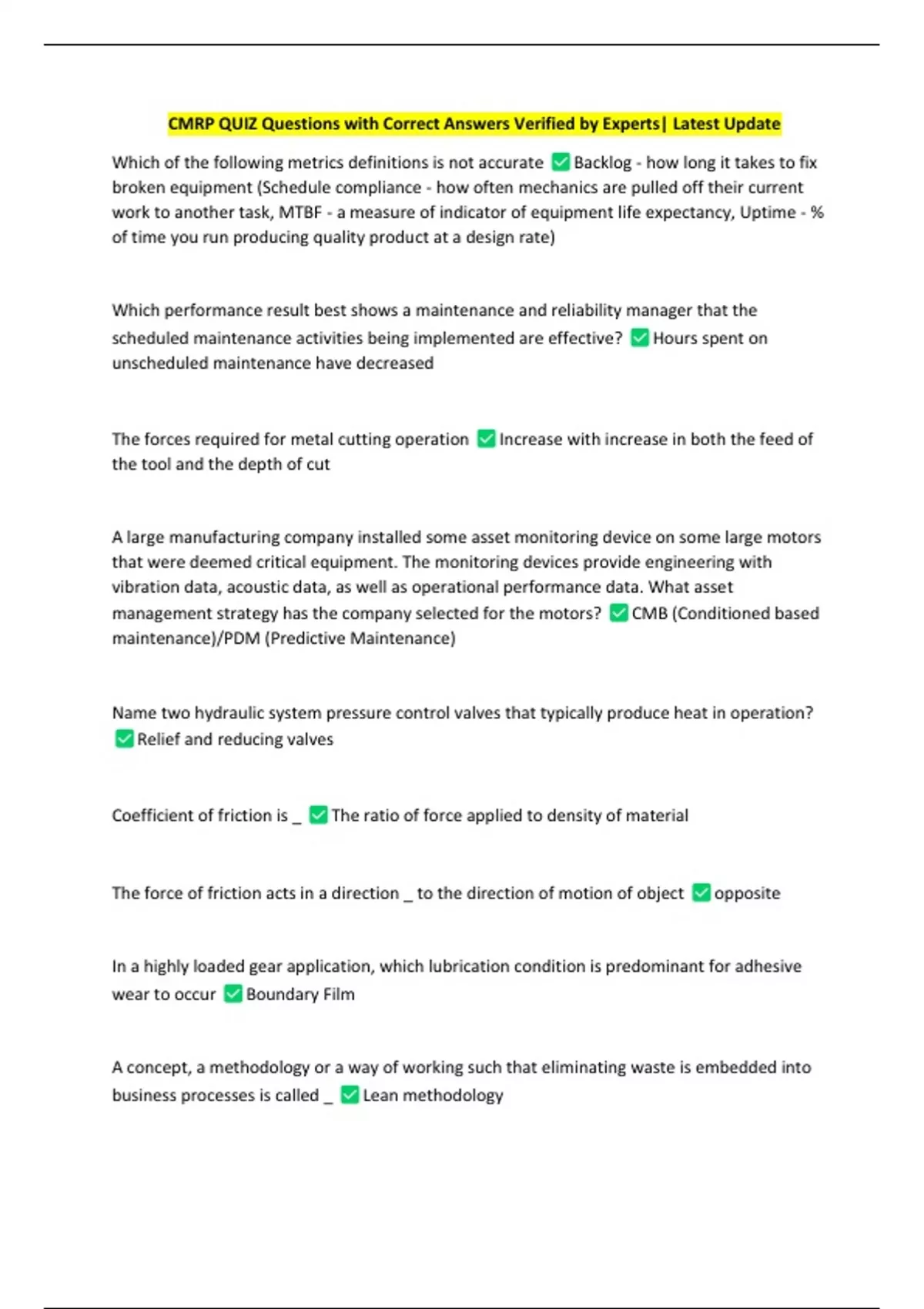 CMRP QUIZ Questions with Correct Answers Verified by Experts| Latest ...