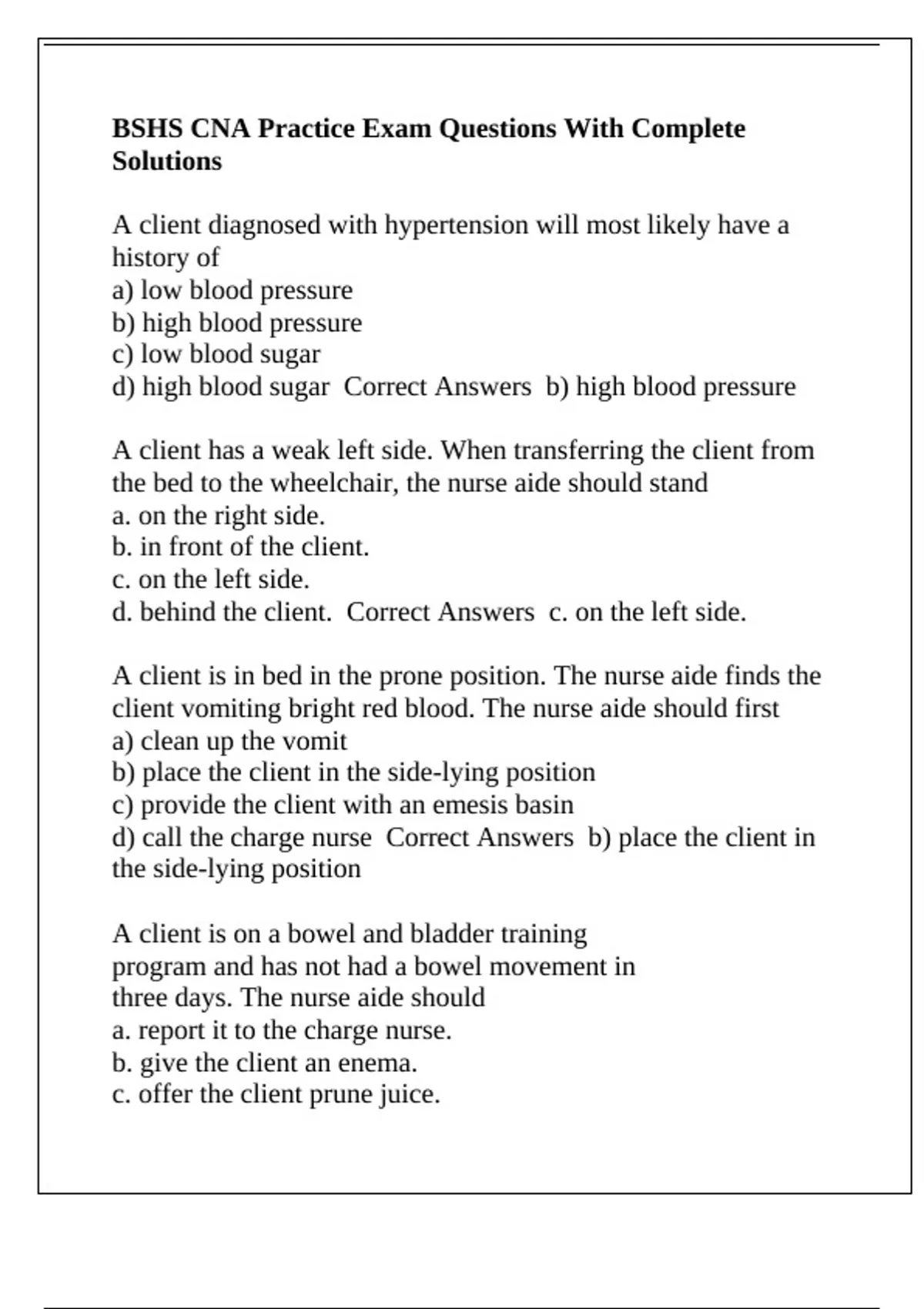 Bshs Questionnaire.pdf BSHS CNA Practice Exam Questions With Complete Solutions - BSHS CNA ...
