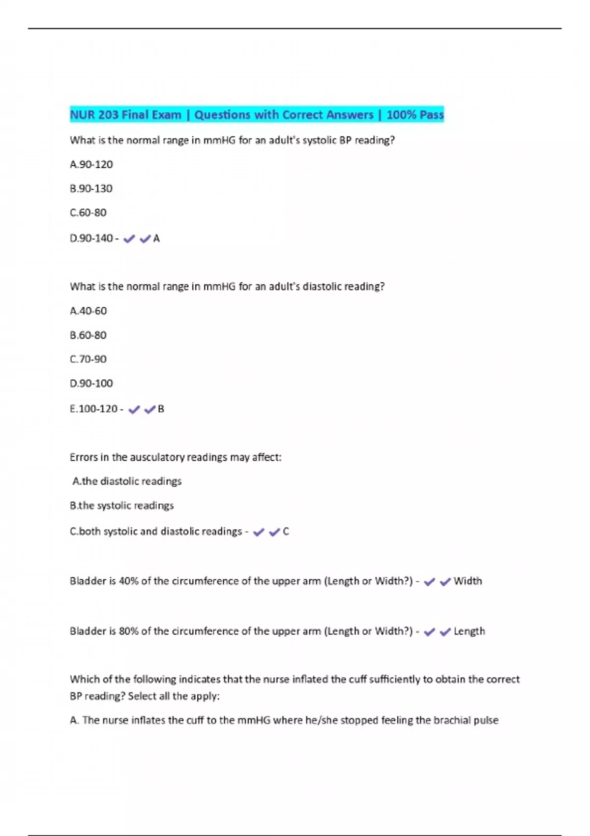 NUR 203 Final Exam | Questions with Correct Answers | 100% Pass - NUR ...