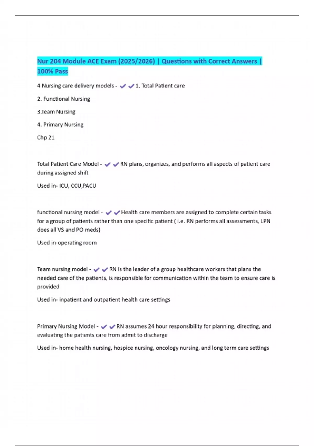 Nur 204 Module ACE Exam (2025/2026) | Questions with Correct Answers ...