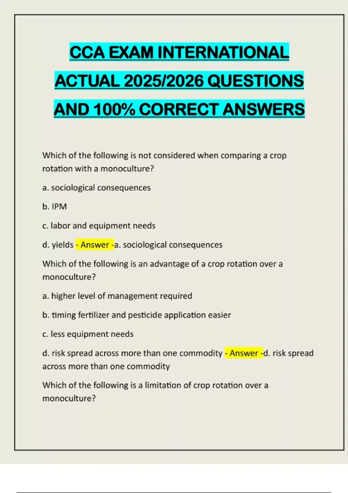 CCA EXAM INTERNATIONAL ACTUAL 2025/2026 QUESTIONS AND 100% CORRECT ...