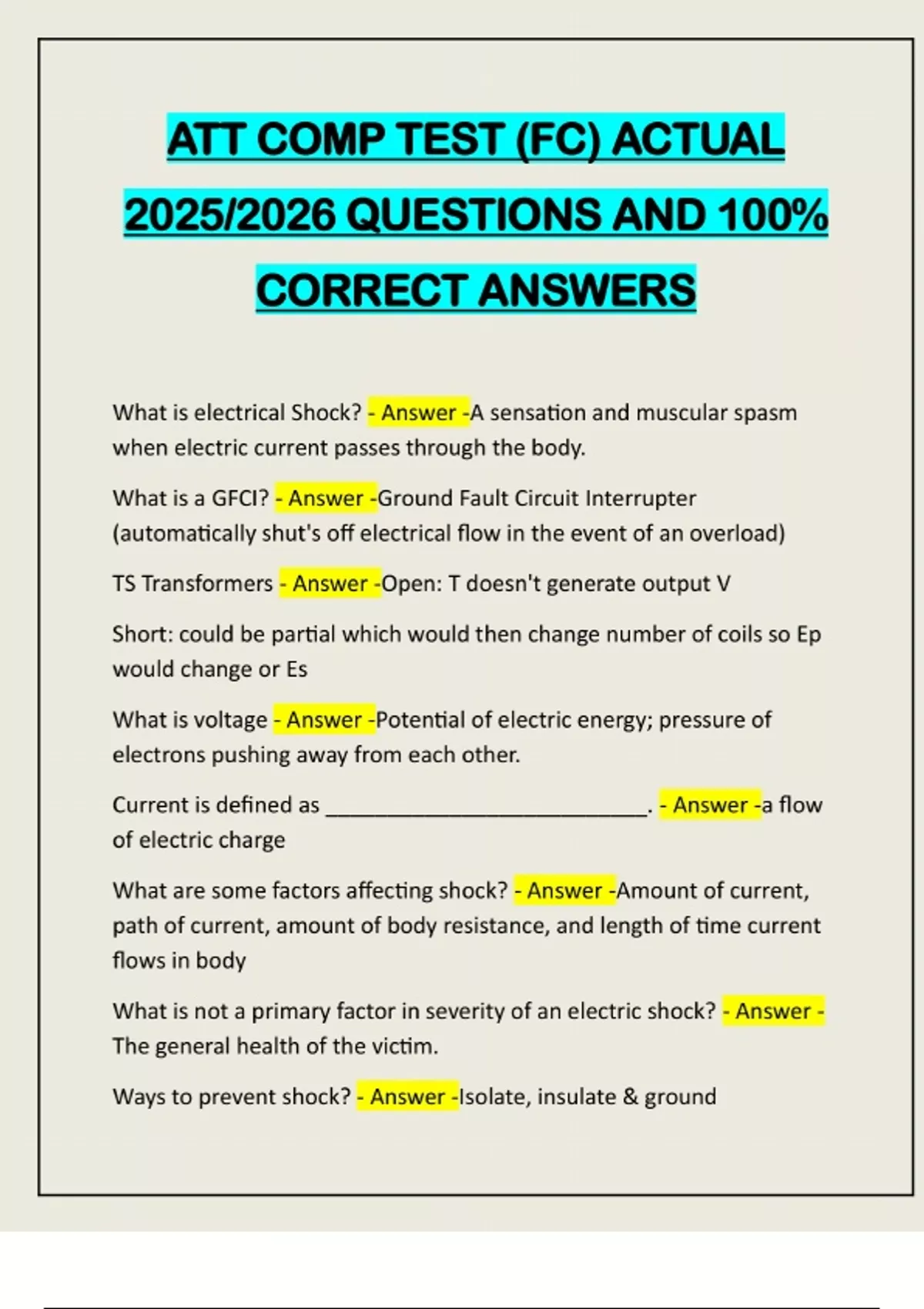 ATT COMP TEST (FC) ACTUAL 2025/2026 QUESTIONS AND 100% CORRECT ANSWERS ...