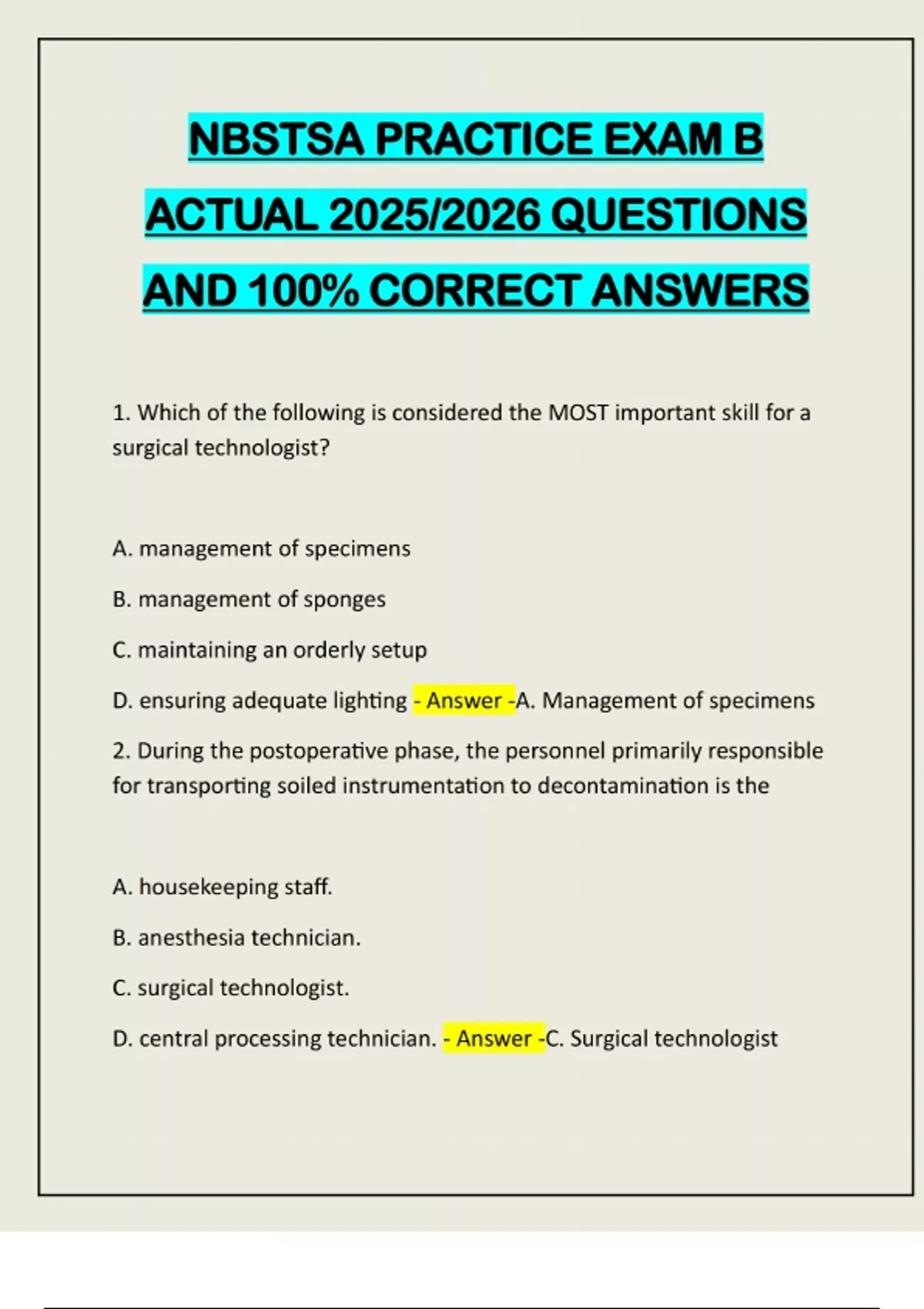 NBSTSA PRACTICE EXAM B ACTUAL 2025/2026 QUESTIONS AND 100% CORRECT ...