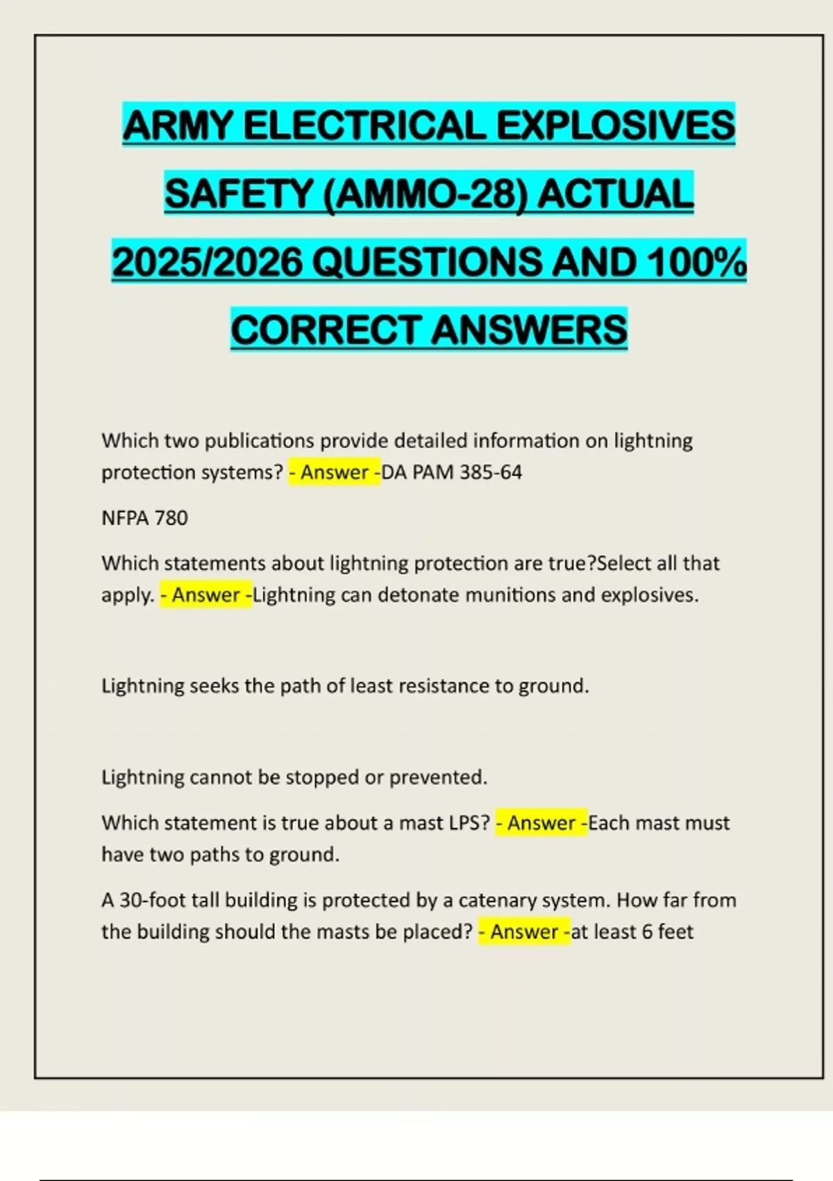 ARMY ELECTRICAL EXPLOSIVES SAFETY (AMMO-28) ACTUAL 2025/2026 QUESTIONS ...