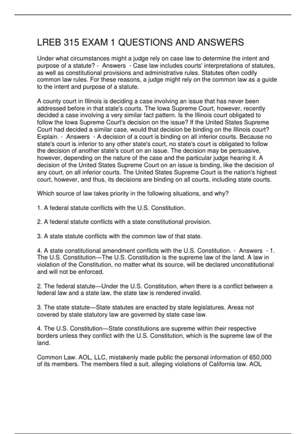 LREB 315 EXAM 1 QUESTIONS AND ANSWERS - LREB 315 - Stuvia US