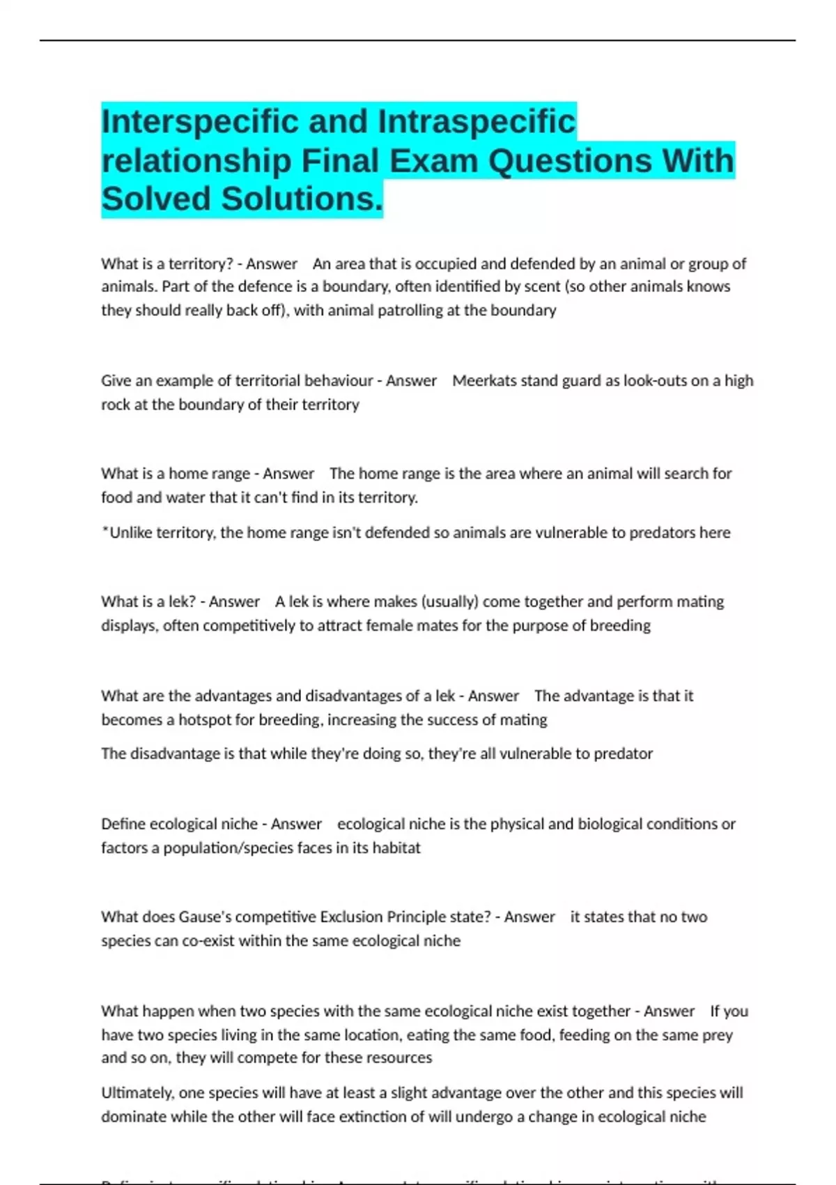 Interspecific and Intraspecific relationship Final Exam Questions With ...