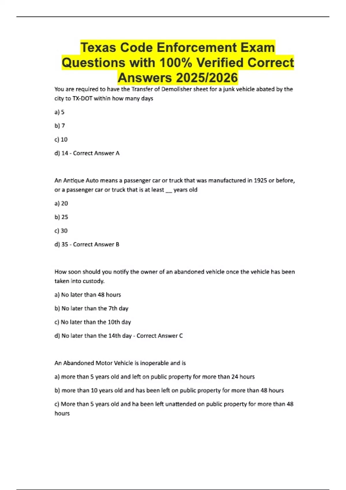 Texas Code Enforcement Exam Questions with 100% Verified Correct ...