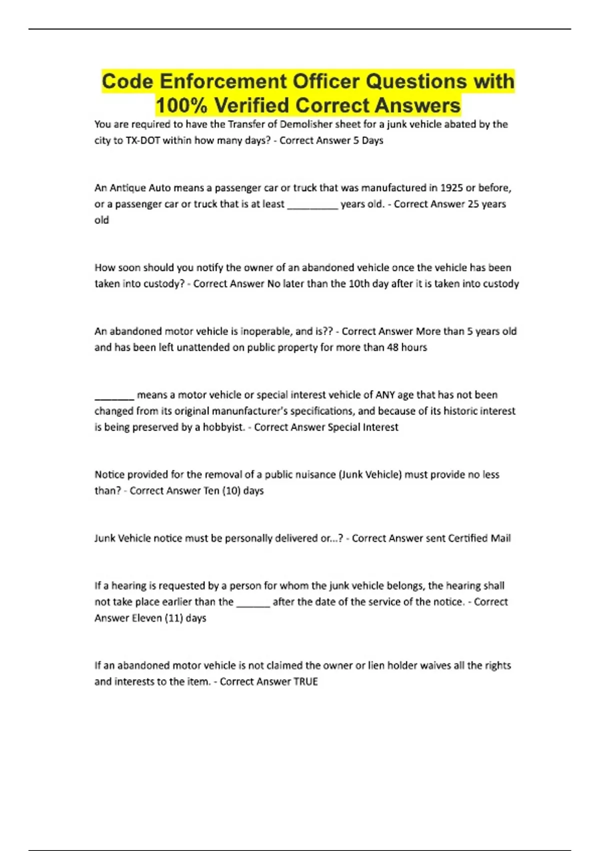 Code Enforcement Officer Questions with 100% Verified Correct Answers - Code Enforcement - Stuvia US