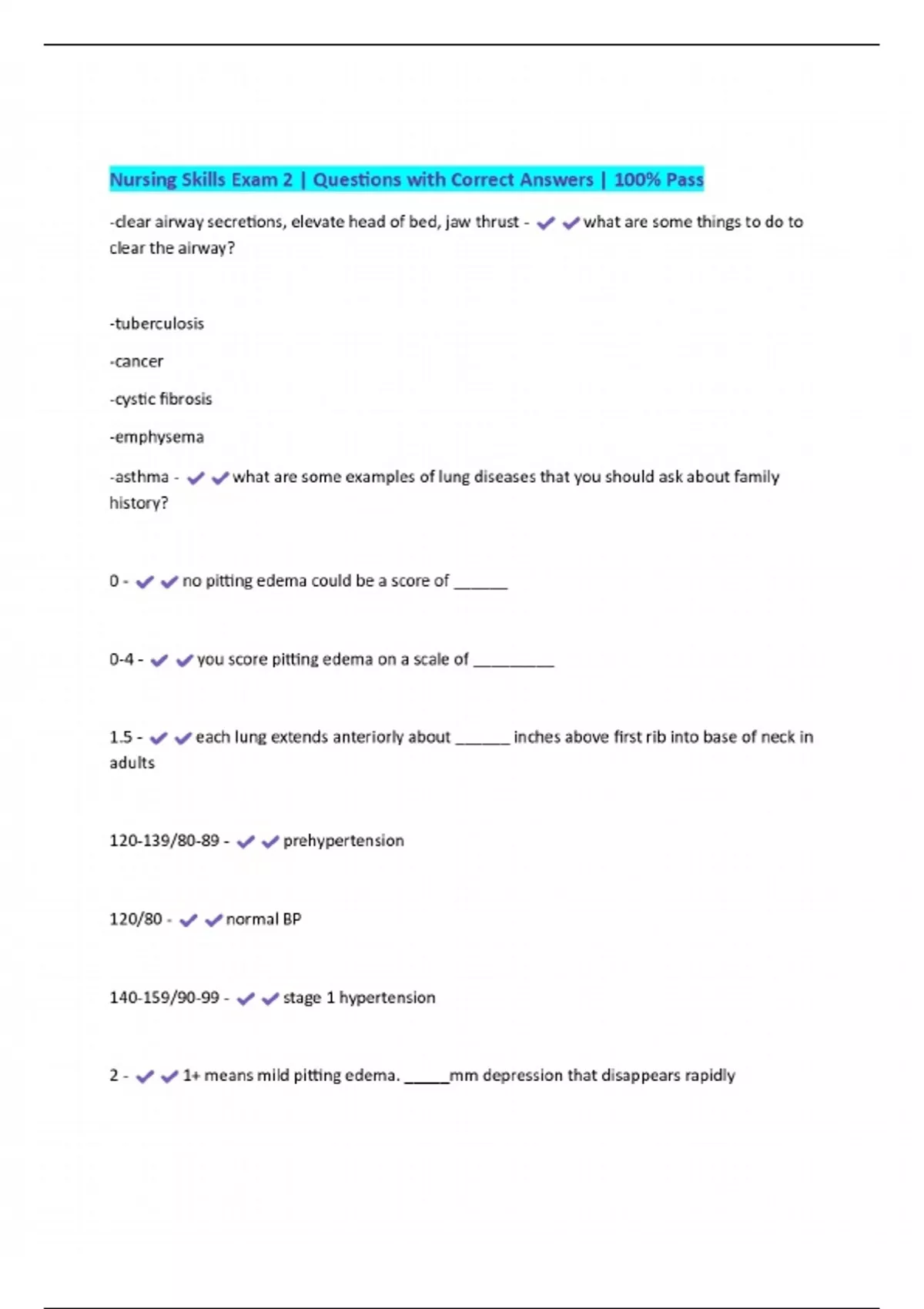Nursing Skills Exam 2 | Questions with Correct Answers | 100% Pass ...