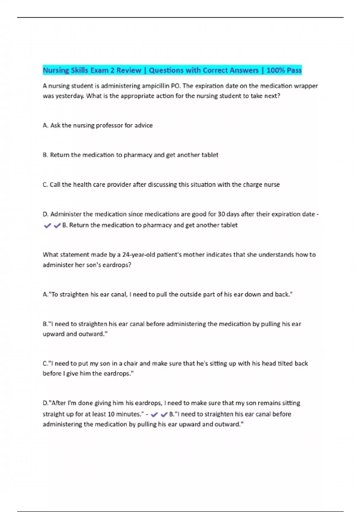 Nursing Skills Exam 2 Review | Questions with Correct Answers | 100% ...